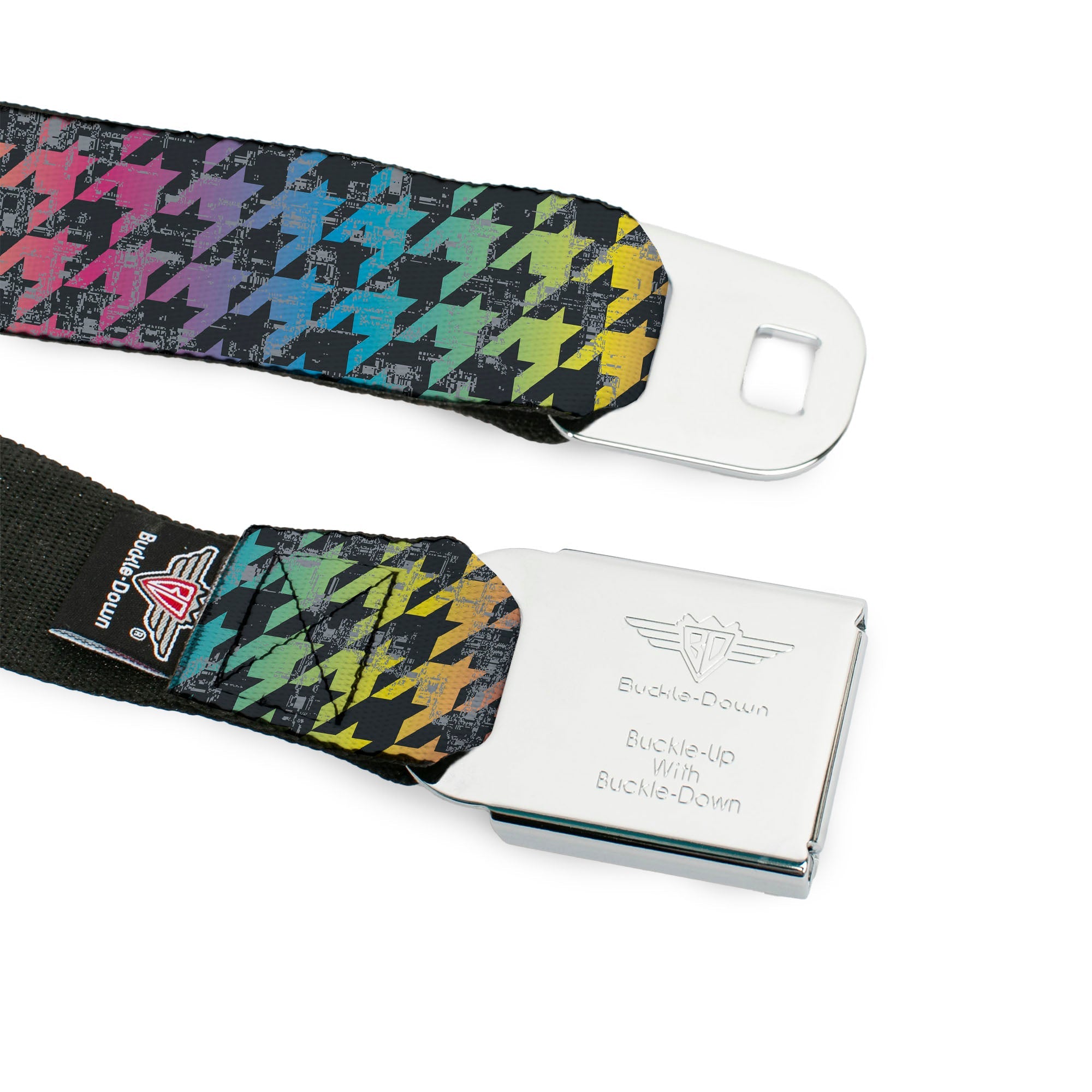 BD Wings Logo CLOSE-UP Full Color Black Silver Seatbelt Belt - Houndstooth Black/Rainbow Webbing