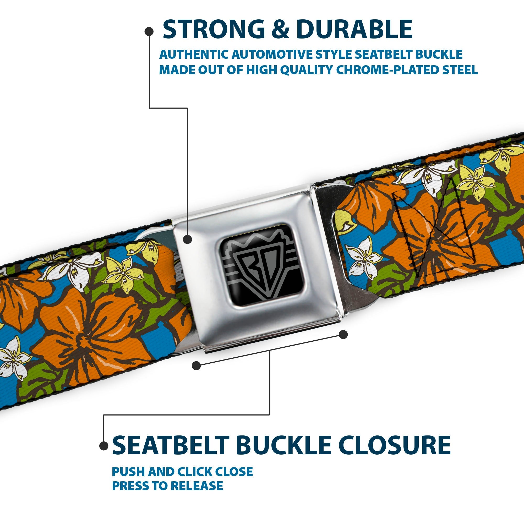 BD Wings Logo CLOSE-UP Full Color Black Silver Seatbelt Belt - Hibiscus Collage Blue/Orange/Yellow Webbing