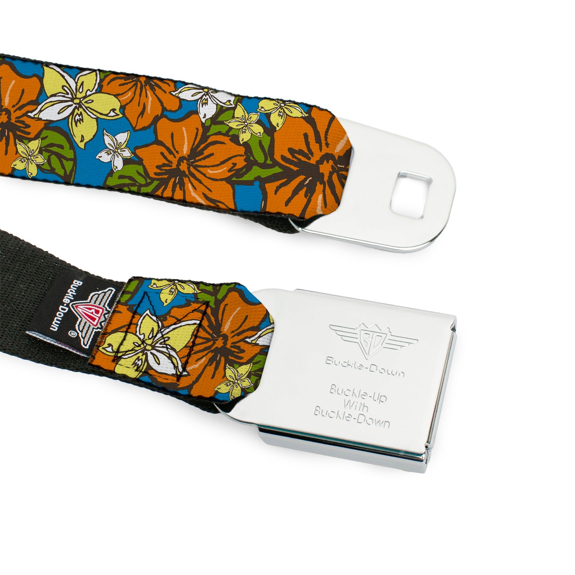 BD Wings Logo CLOSE-UP Full Color Black Silver Seatbelt Belt - Hibiscus Collage Blue/Orange/Yellow Webbing
