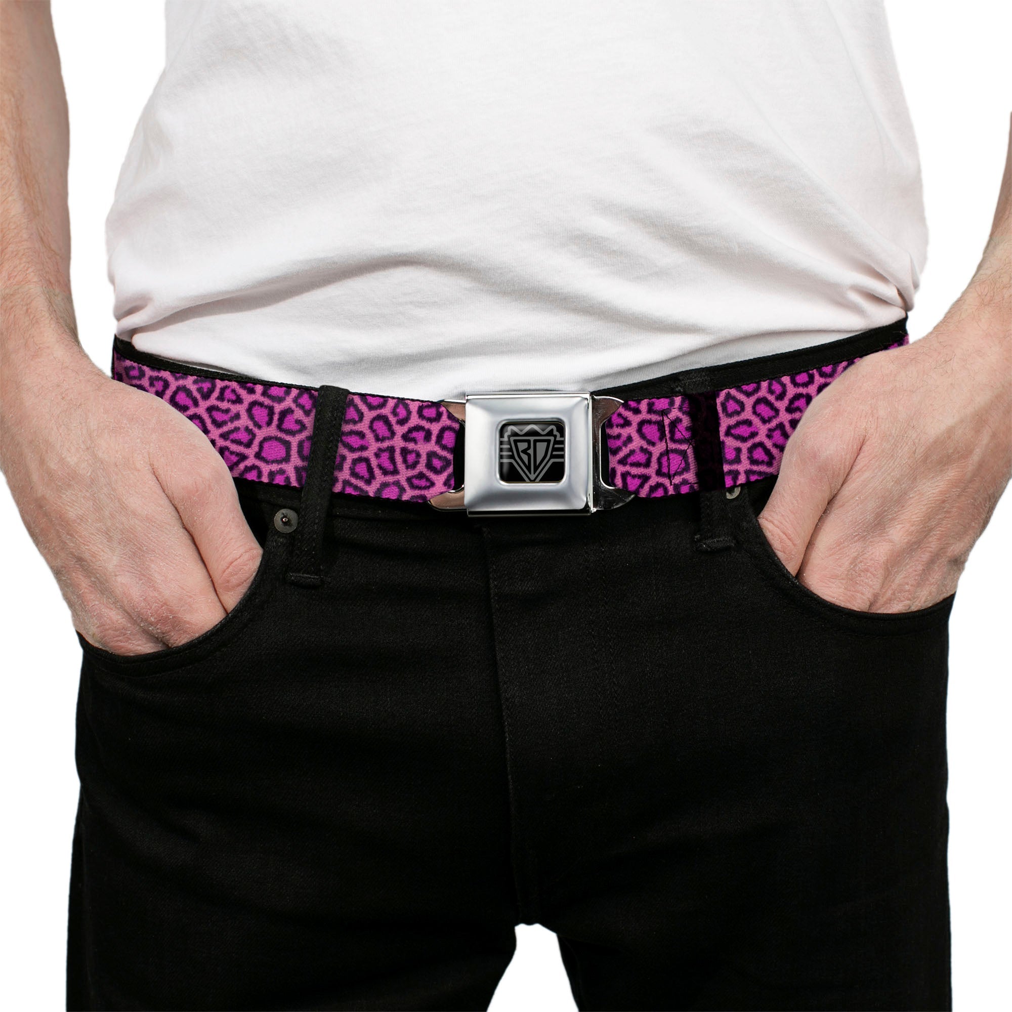 BD Wings Logo CLOSE-UP Full Color Black Silver Seatbelt Belt - Leopard Pink Fuchsia Webbing