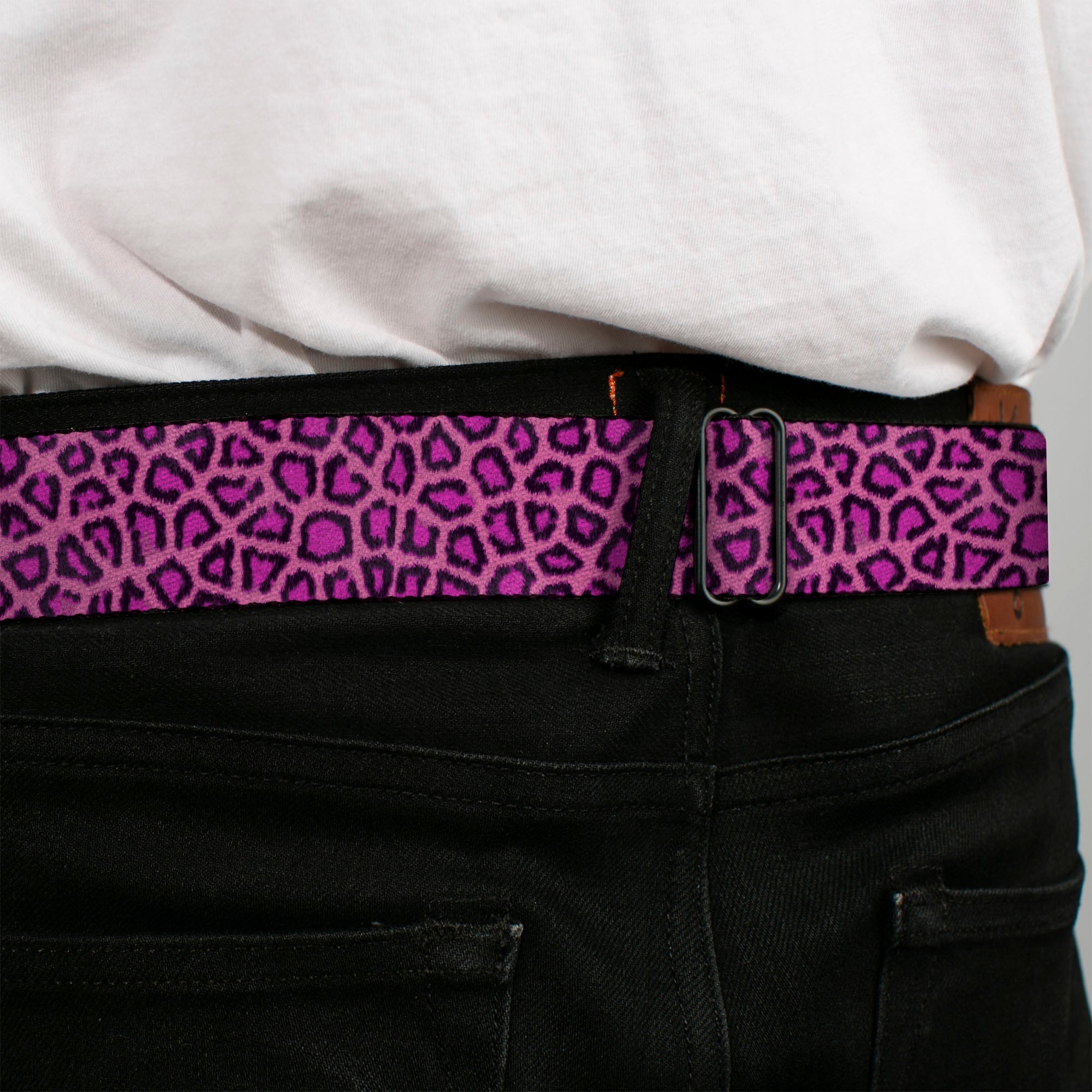 BD Wings Logo CLOSE-UP Full Color Black Silver Seatbelt Belt - Leopard Pink Fuchsia Webbing