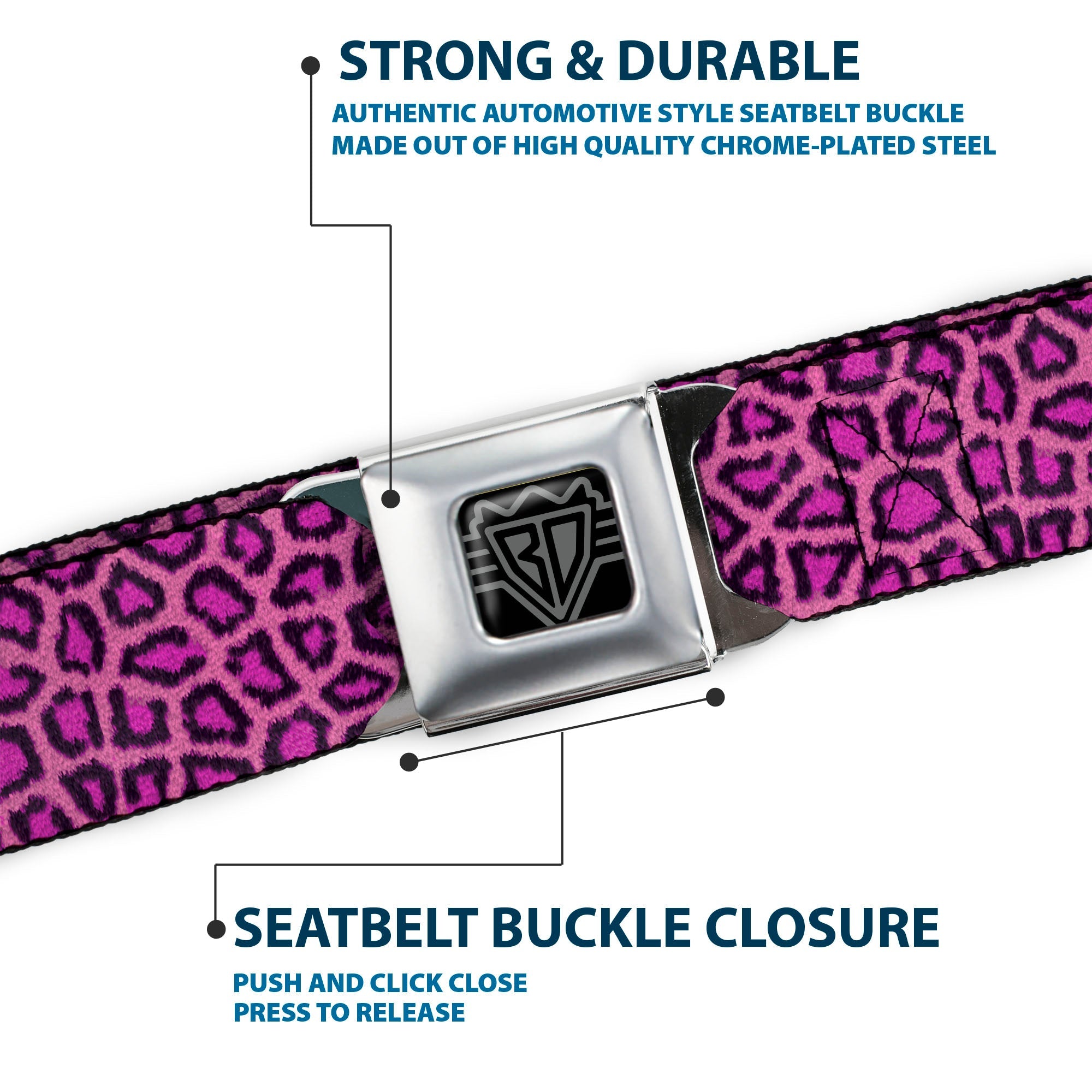 BD Wings Logo CLOSE-UP Full Color Black Silver Seatbelt Belt - Leopard Pink Fuchsia Webbing