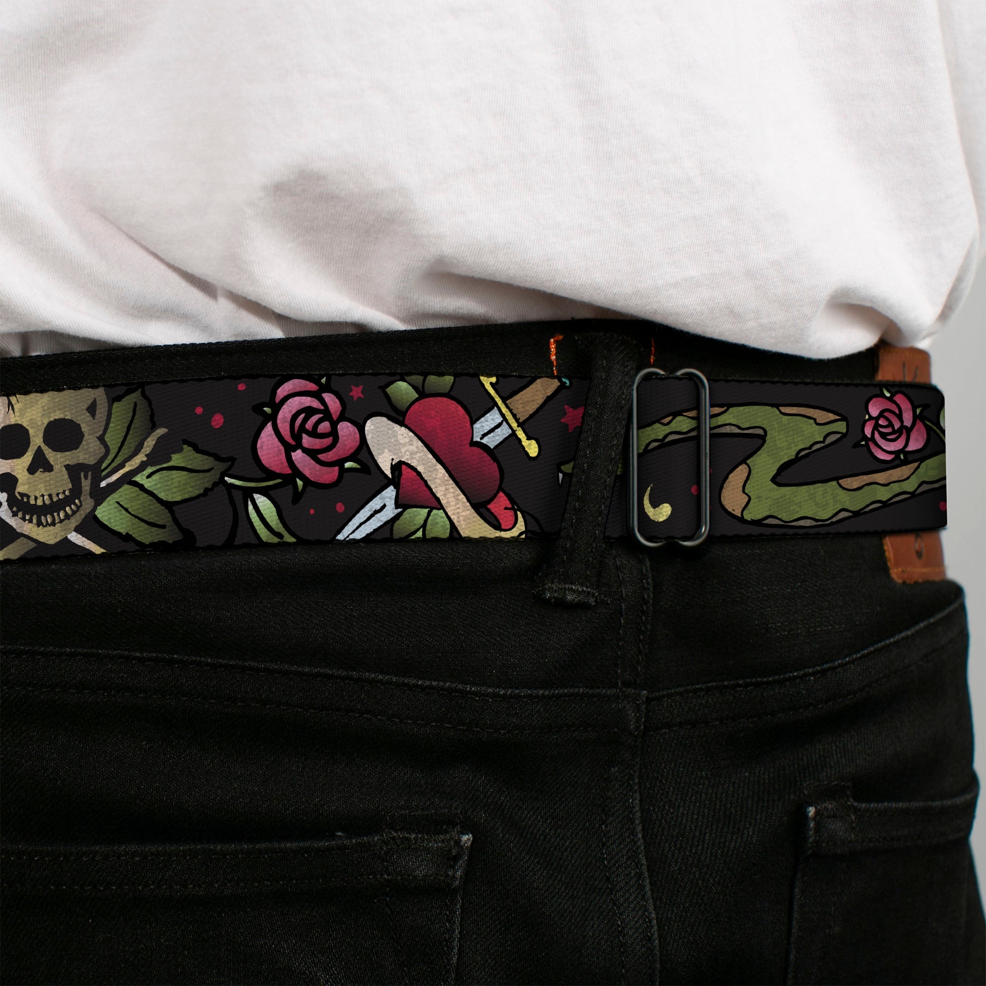 BD Wings Logo CLOSE-UP Full Color Black Silver Seatbelt Belt - Live Hard Die Young CLOSE-UP Black Webbing