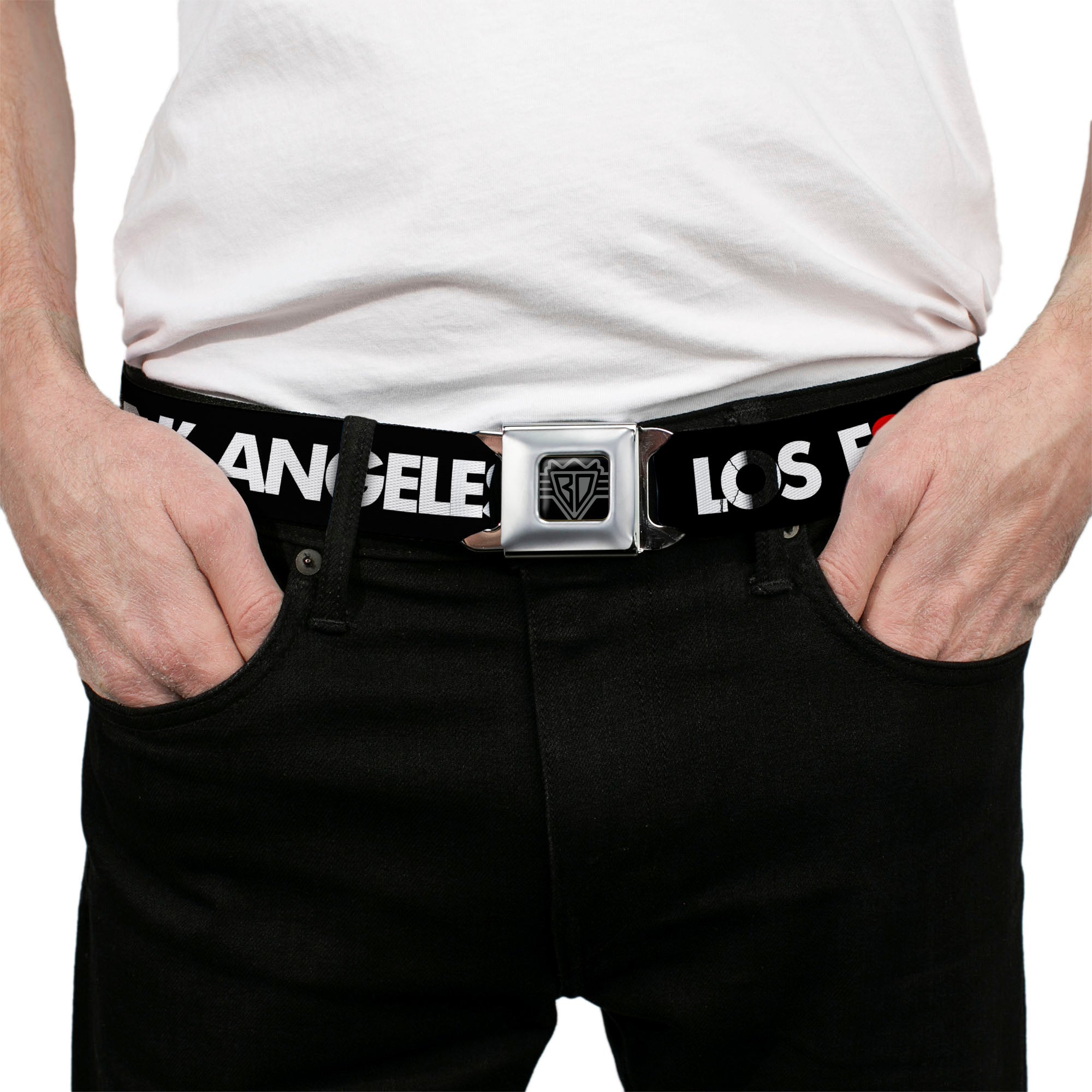 BD Wings Logo CLOSE-UP Full Color Black Silver Seatbelt Belt - LOS F*CKIN' ANGELES Heart Black/White/Red Webbing