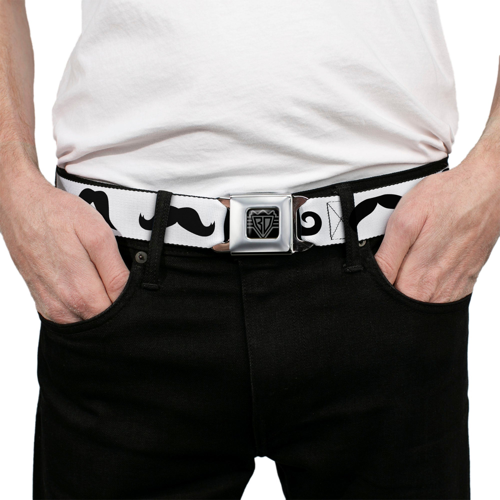 BD Wings Logo CLOSE-UP Full Color Black Silver Seatbelt Belt - Mustaches Straight White/Black Webbing
