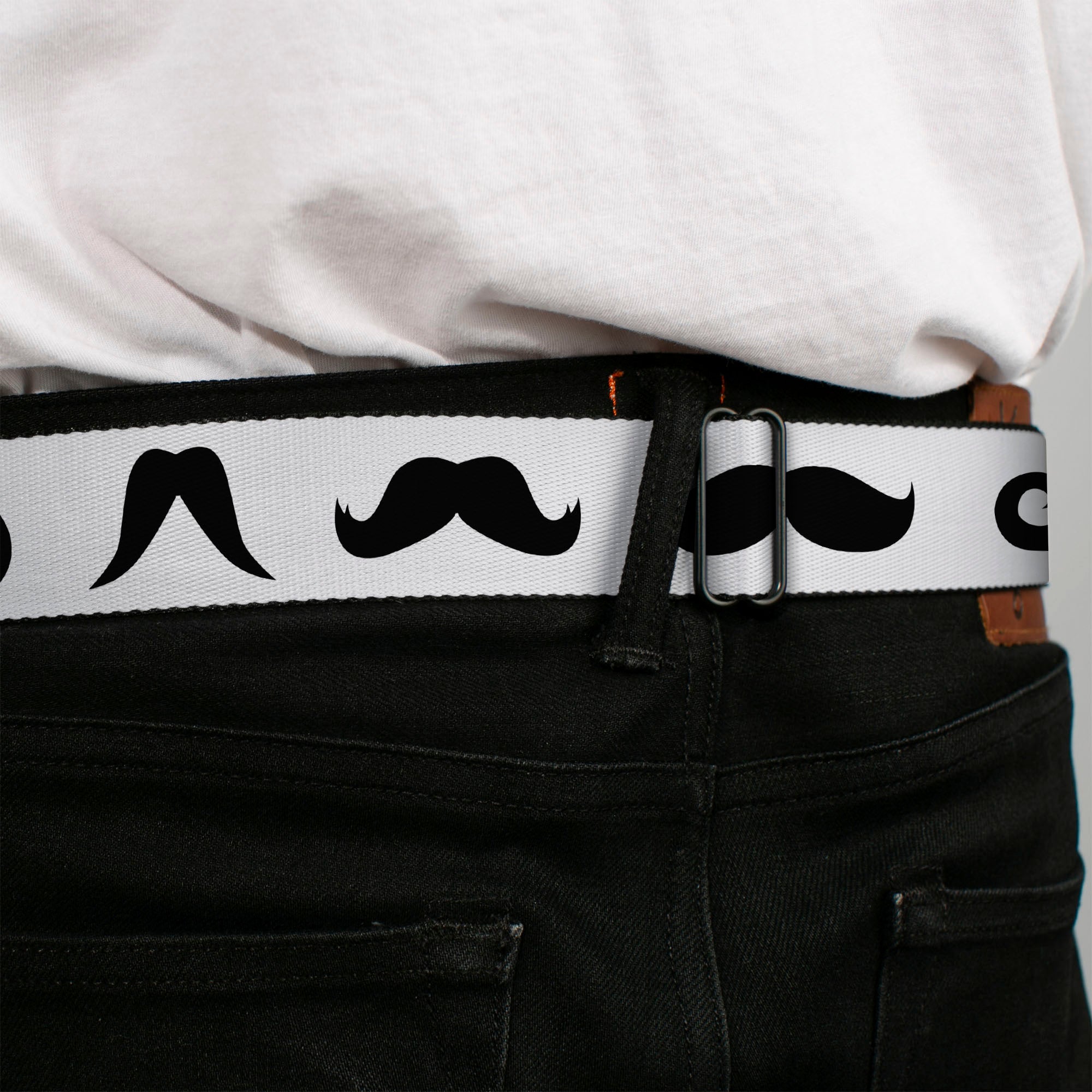 BD Wings Logo CLOSE-UP Full Color Black Silver Seatbelt Belt - Mustaches Straight White/Black Webbing