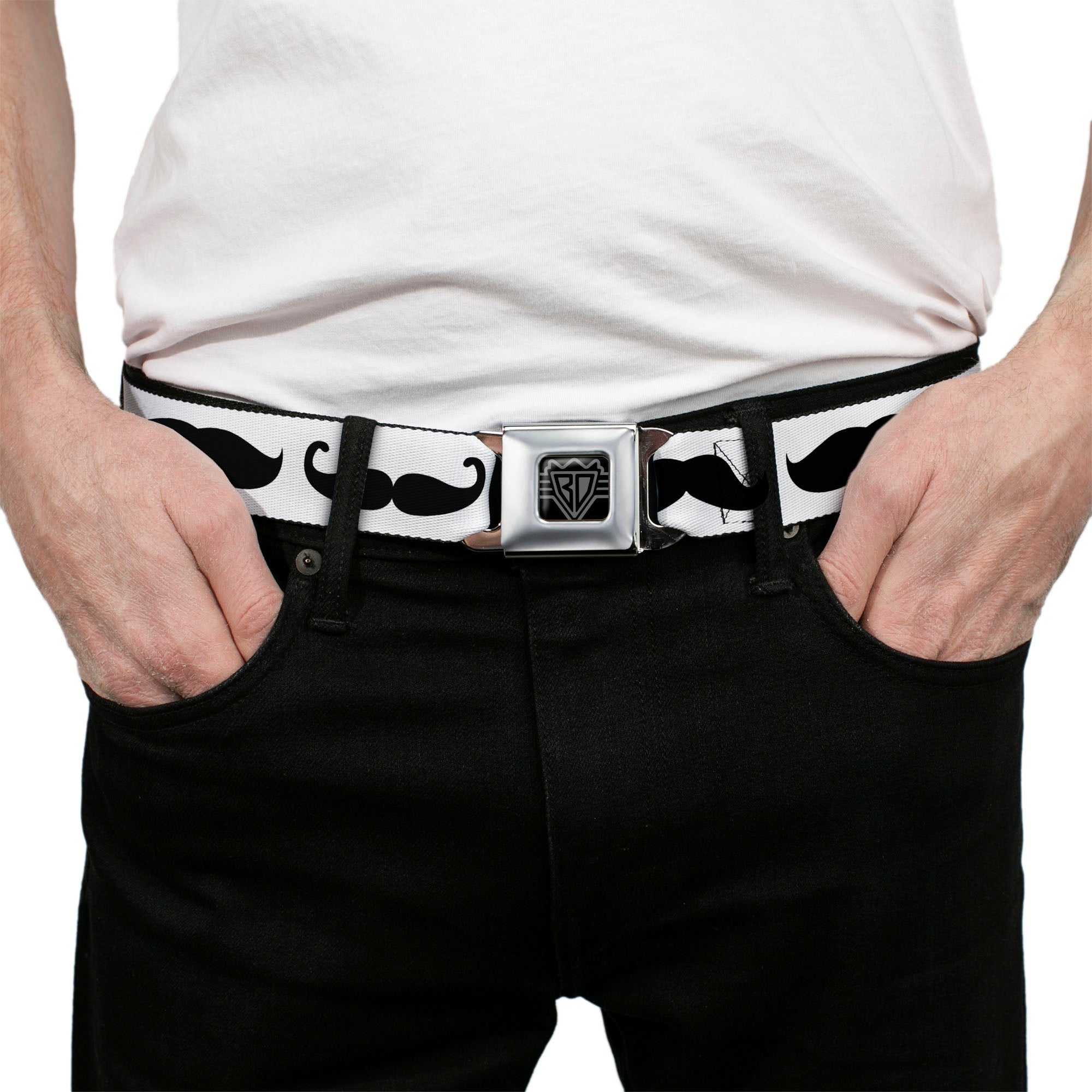 BD Wings Logo CLOSE-UP Full Color Black Silver Seatbelt Belt - Mustache Trio White/Black Webbing
