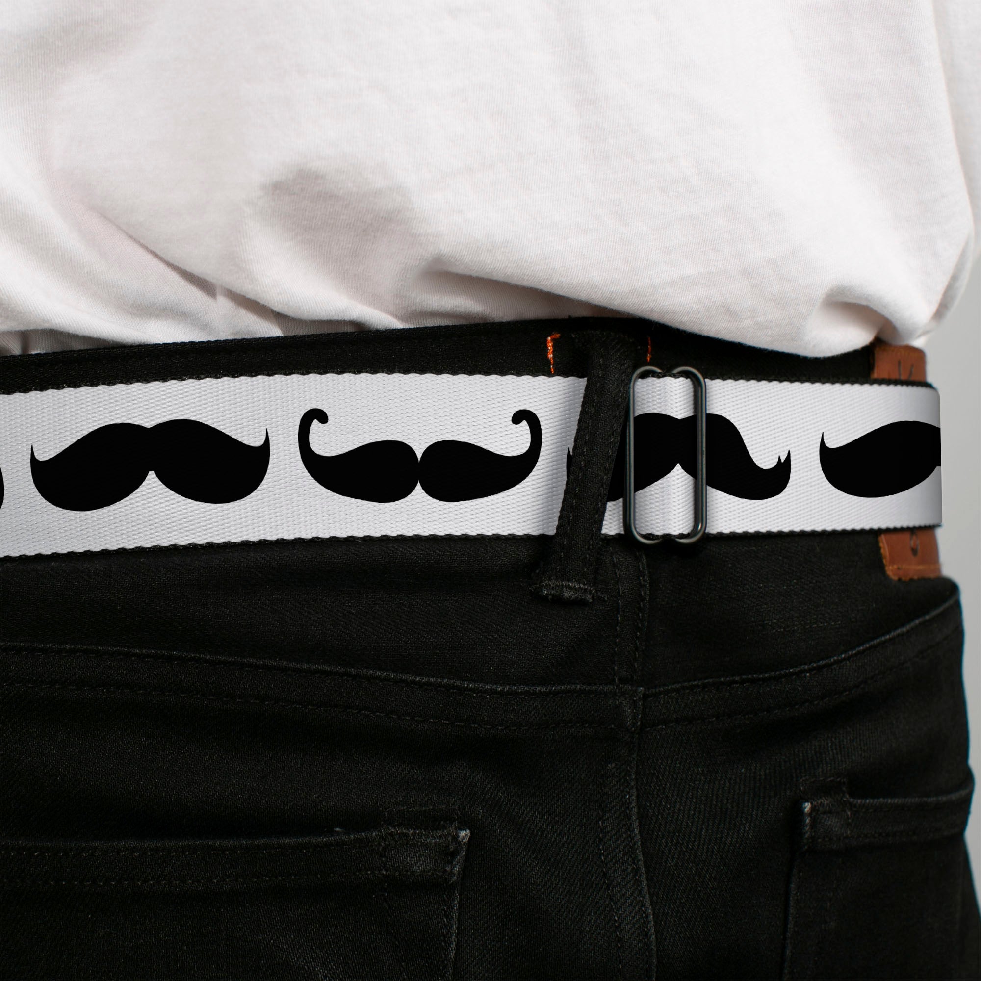 BD Wings Logo CLOSE-UP Full Color Black Silver Seatbelt Belt - Mustache Trio White/Black Webbing