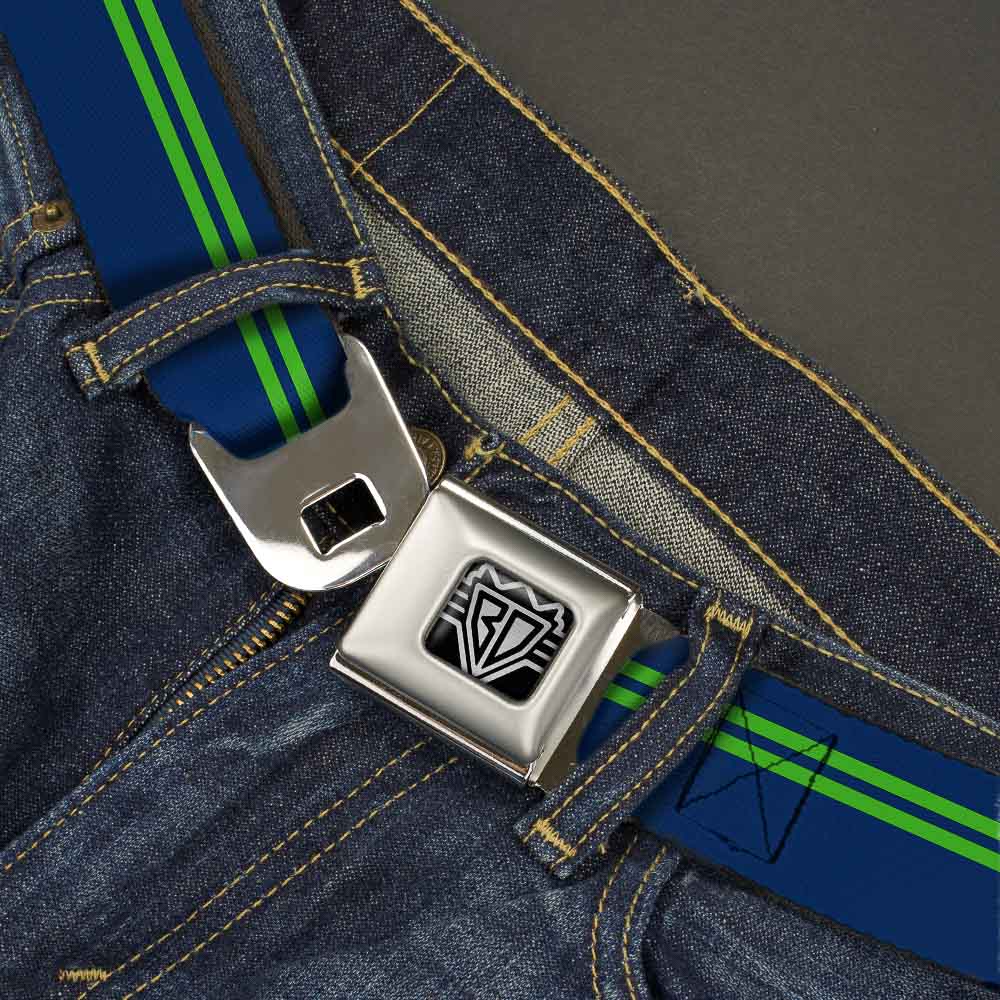 BD Wings Logo CLOSE-UP Full Color Black Silver Seatbelt Belt - Racing Stripe Navy/Bright Green Webbing