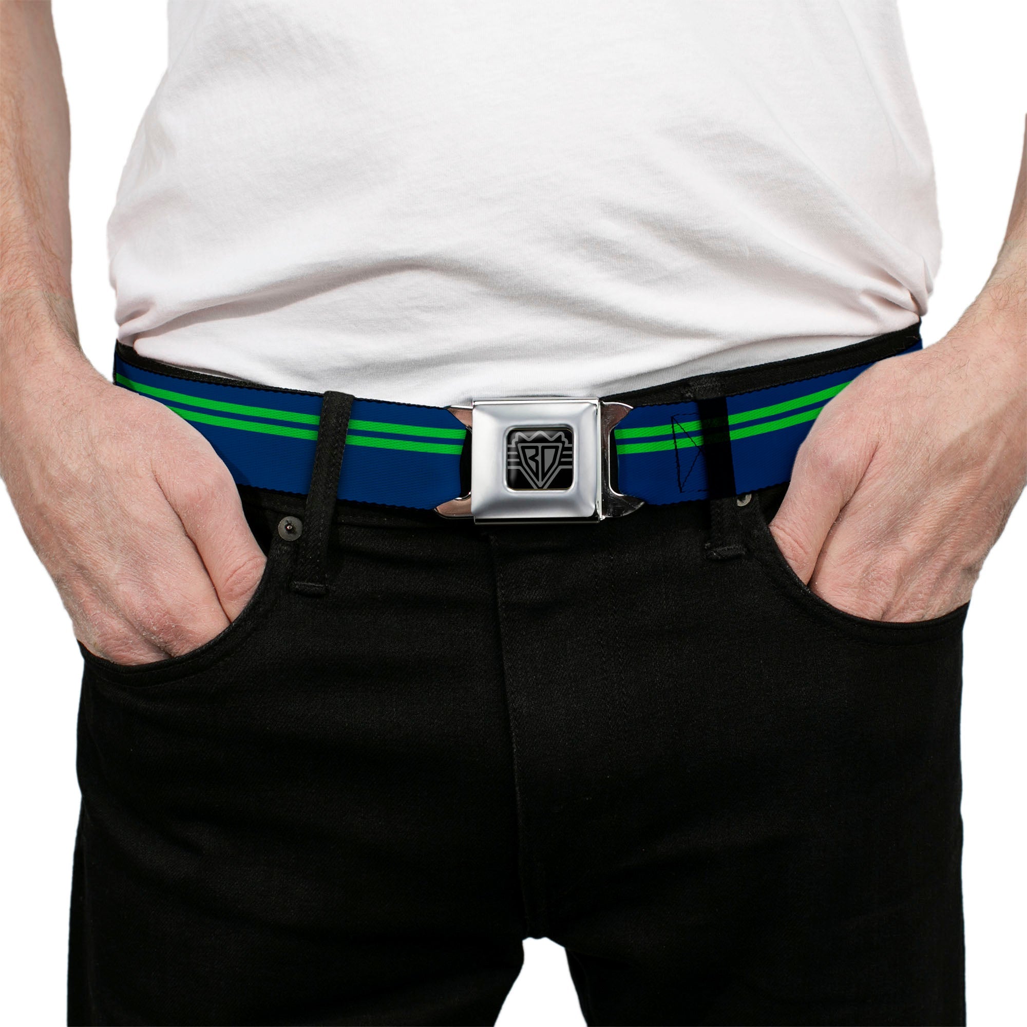 BD Wings Logo CLOSE-UP Full Color Black Silver Seatbelt Belt - Racing Stripe Navy/Bright Green Webbing