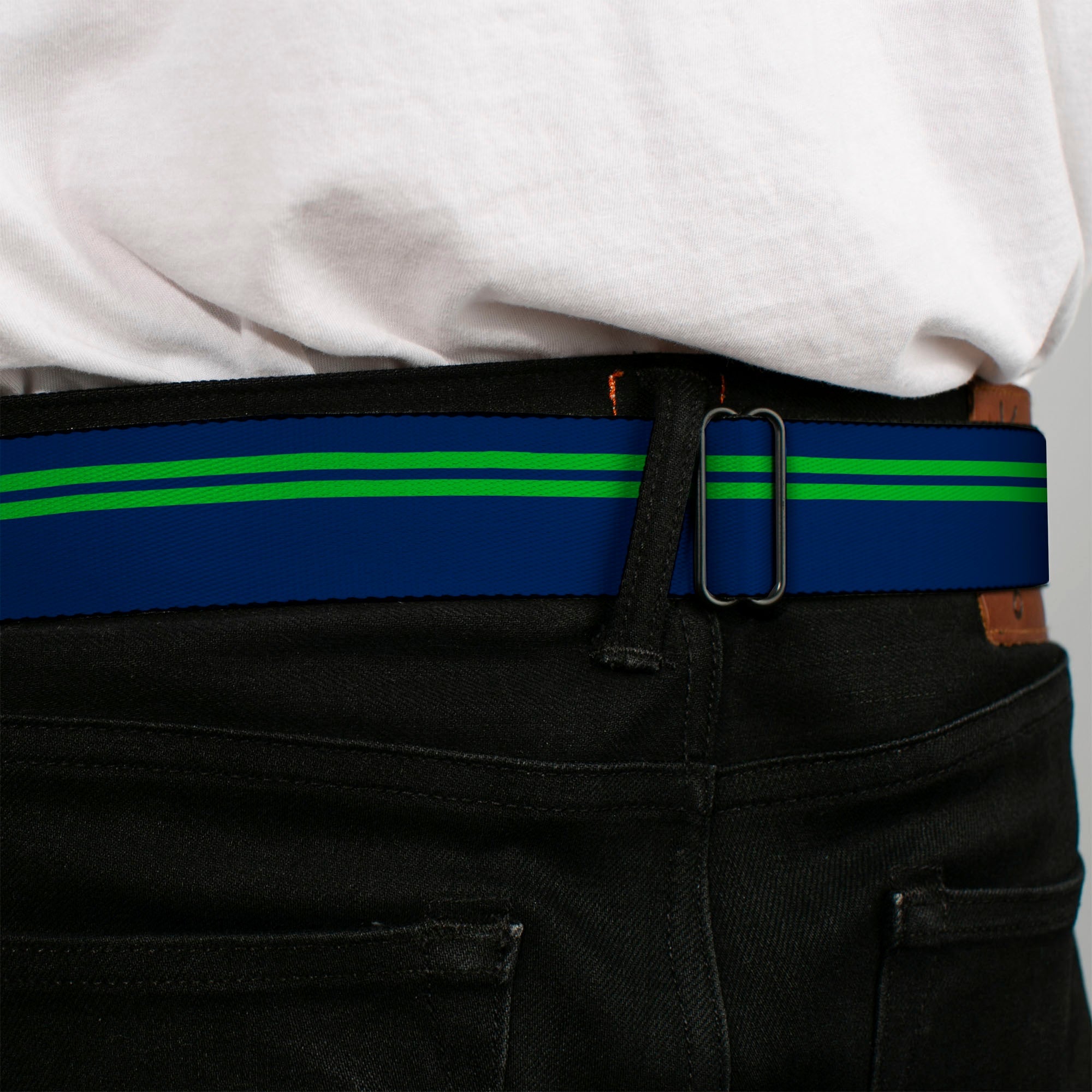 BD Wings Logo CLOSE-UP Full Color Black Silver Seatbelt Belt - Racing Stripe Navy/Bright Green Webbing