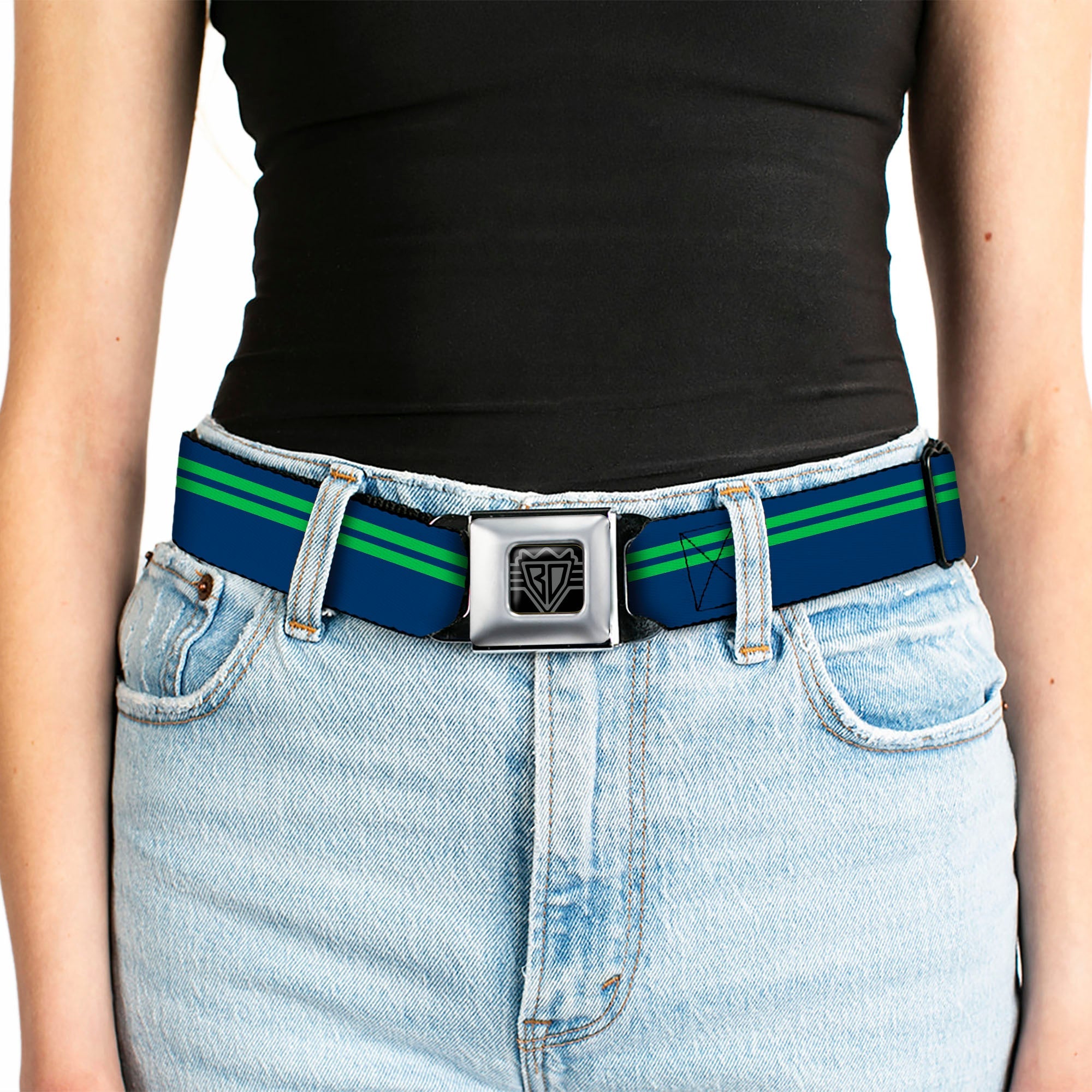 BD Wings Logo CLOSE-UP Full Color Black Silver Seatbelt Belt - Racing Stripe Navy/Bright Green Webbing