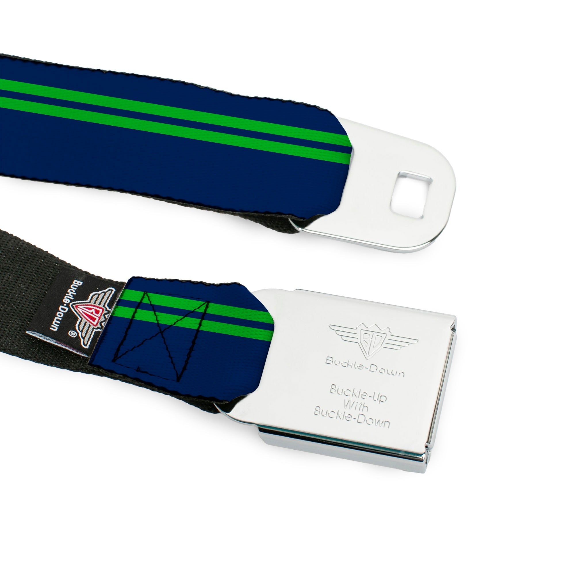 BD Wings Logo CLOSE-UP Full Color Black Silver Seatbelt Belt - Racing Stripe Navy/Bright Green Webbing