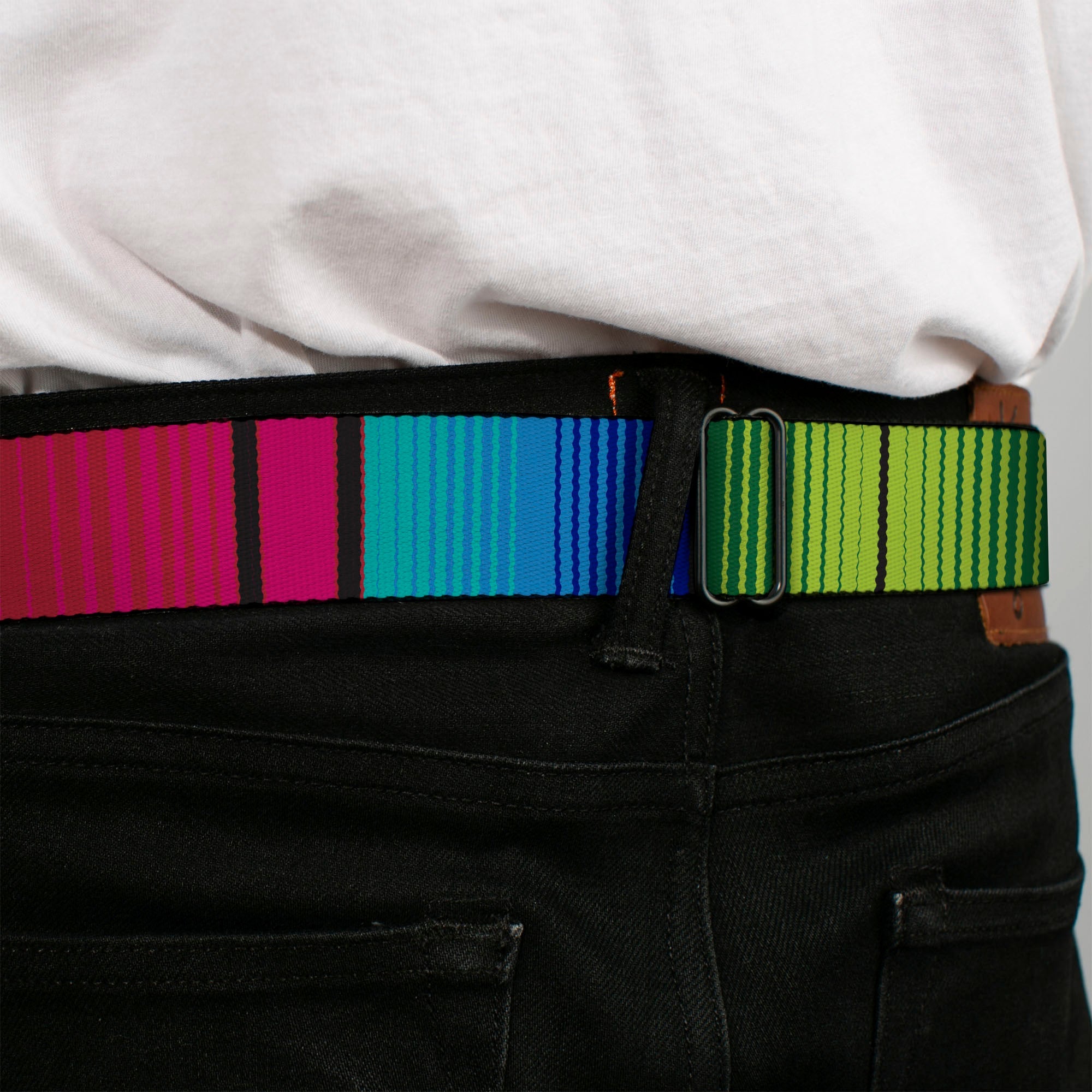 BD Wings Logo CLOSE-UP Full Color Black Silver Seatbelt Belt - Zarape7 Vertical Pinks/Blues/Greens/Black Webbing
