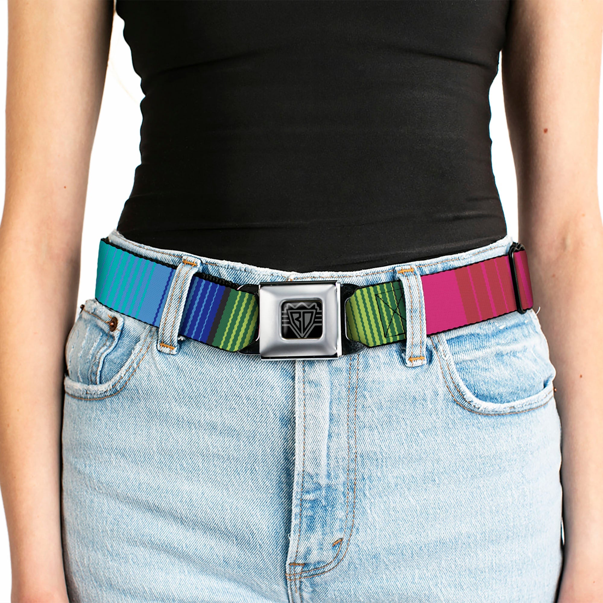 BD Wings Logo CLOSE-UP Full Color Black Silver Seatbelt Belt - Zarape7 Vertical Pinks/Blues/Greens/Black Webbing