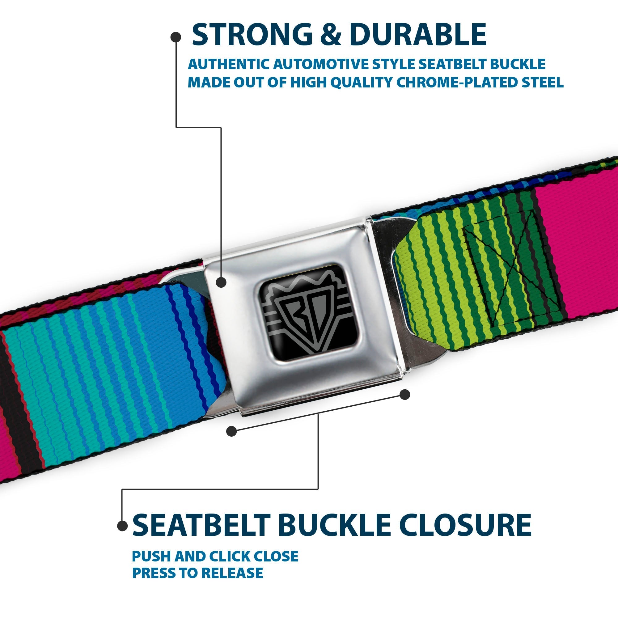 BD Wings Logo CLOSE-UP Full Color Black Silver Seatbelt Belt - Zarape7 Vertical Pinks/Blues/Greens/Black Webbing