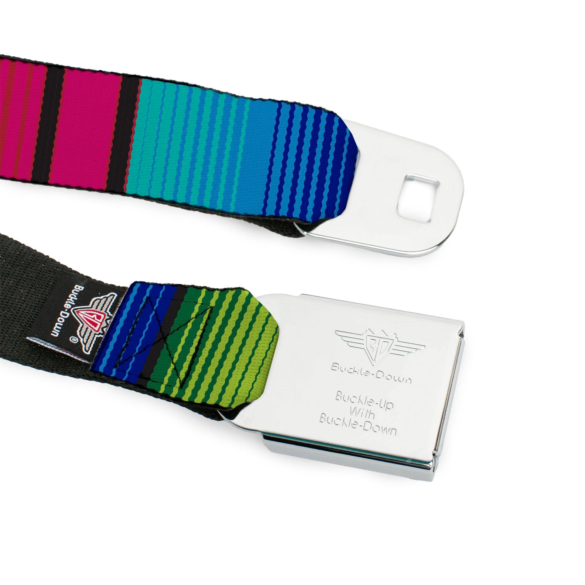 BD Wings Logo CLOSE-UP Full Color Black Silver Seatbelt Belt - Zarape7 Vertical Pinks/Blues/Greens/Black Webbing