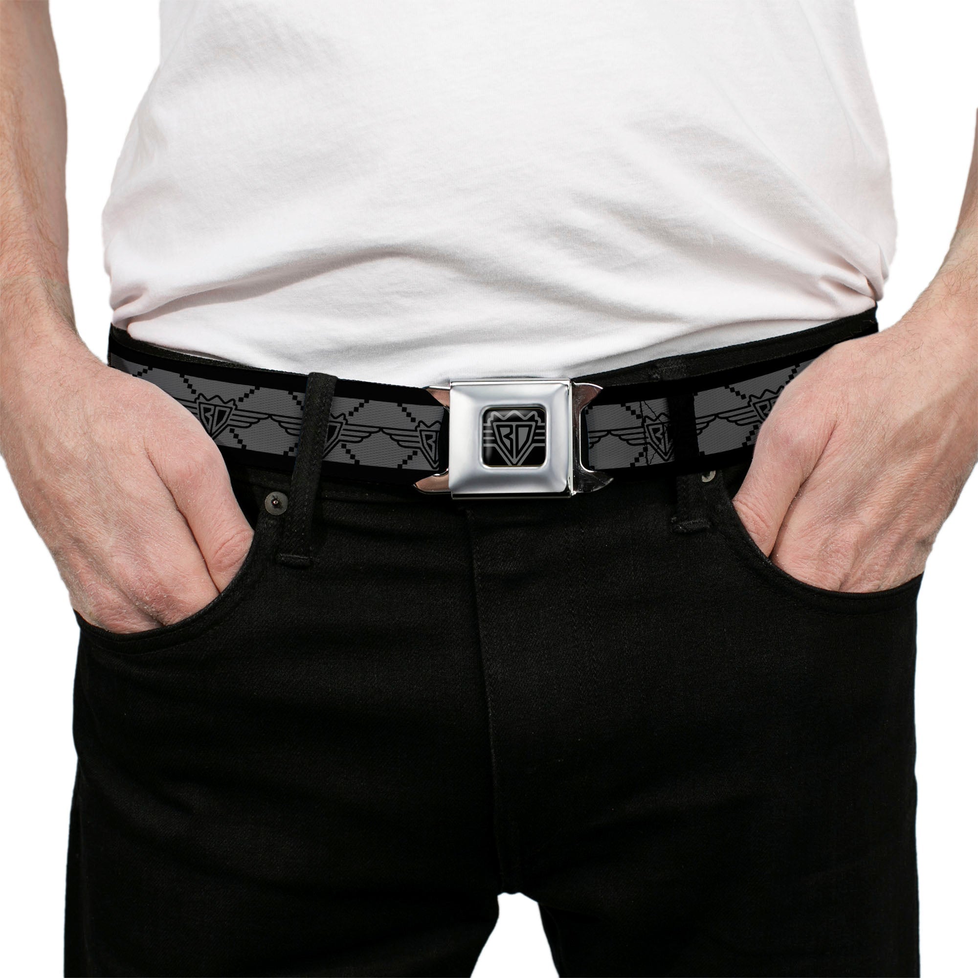 BD Wings Logo CLOSE-UP Full Color Black Silver Seatbelt Belt - BD Monogram2 Gray/Black Webbing