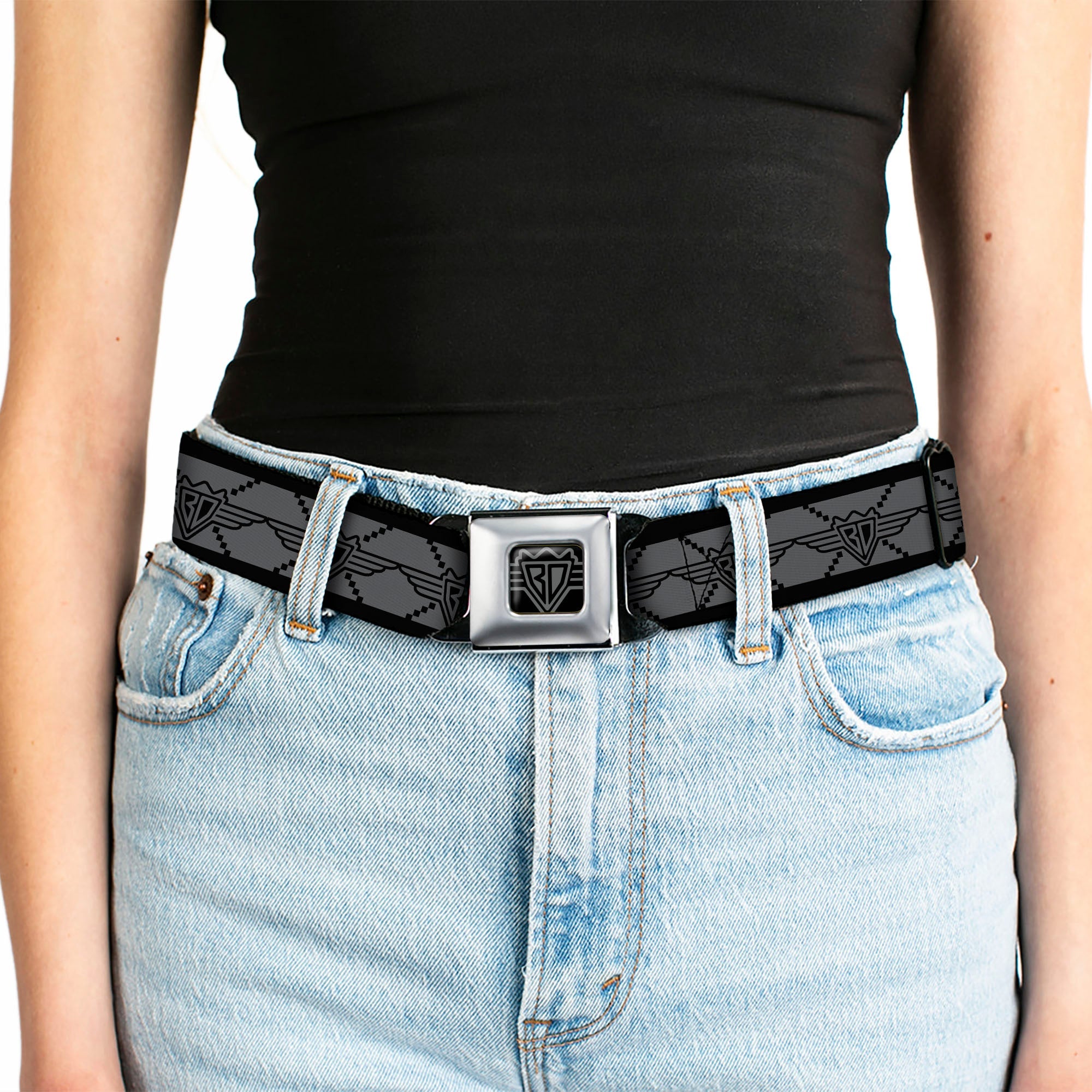 BD Wings Logo CLOSE-UP Full Color Black Silver Seatbelt Belt - BD Monogram2 Gray/Black Webbing
