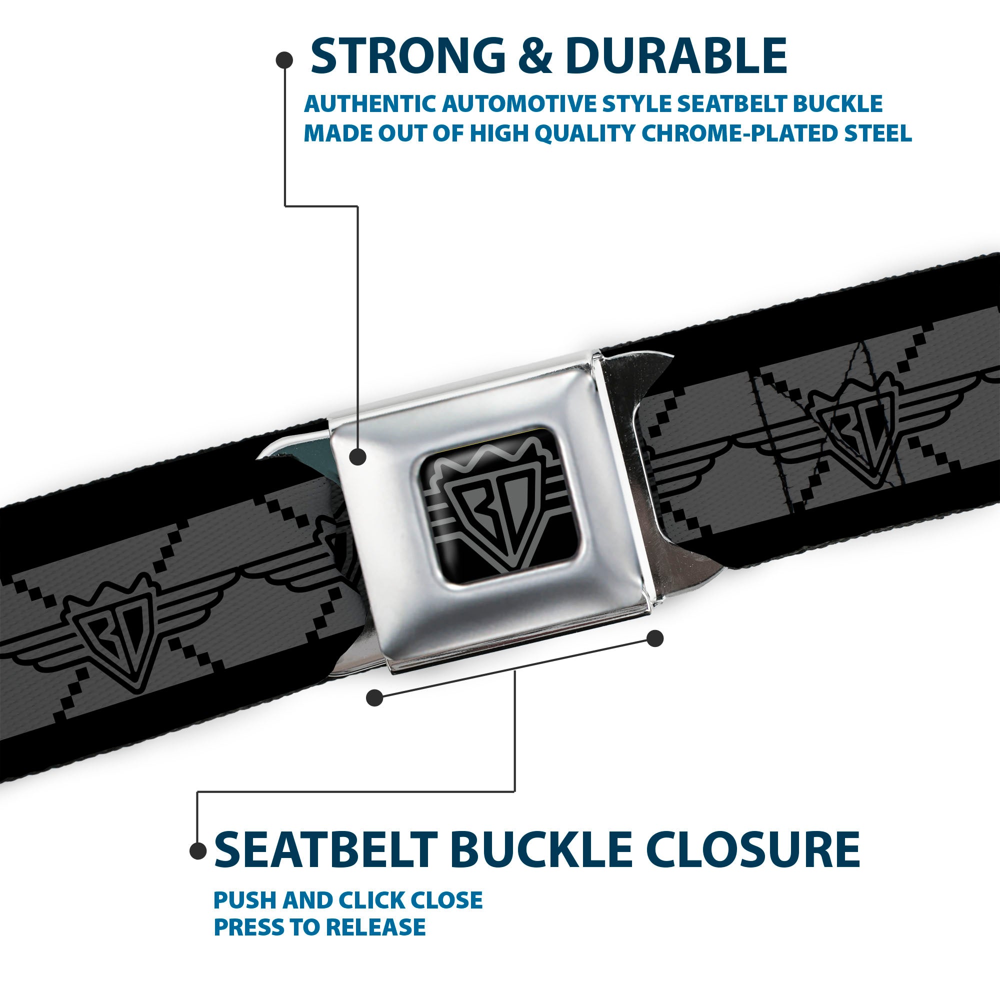 BD Wings Logo CLOSE-UP Full Color Black Silver Seatbelt Belt - BD Monogram2 Gray/Black Webbing