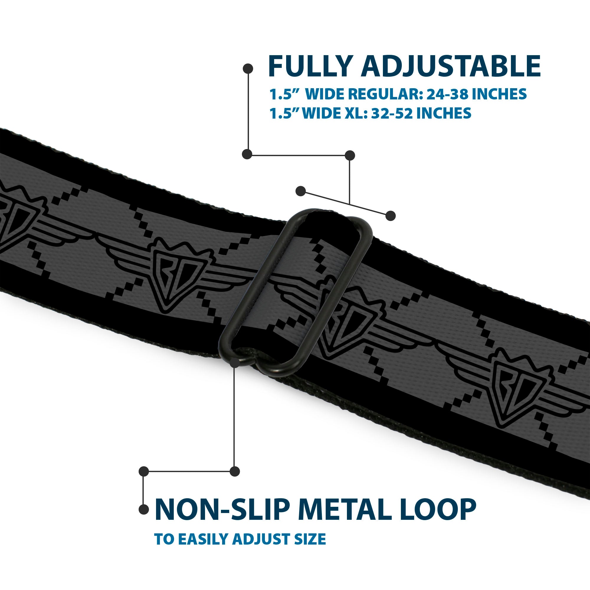 BD Wings Logo CLOSE-UP Full Color Black Silver Seatbelt Belt - BD Monogram2 Gray/Black Webbing