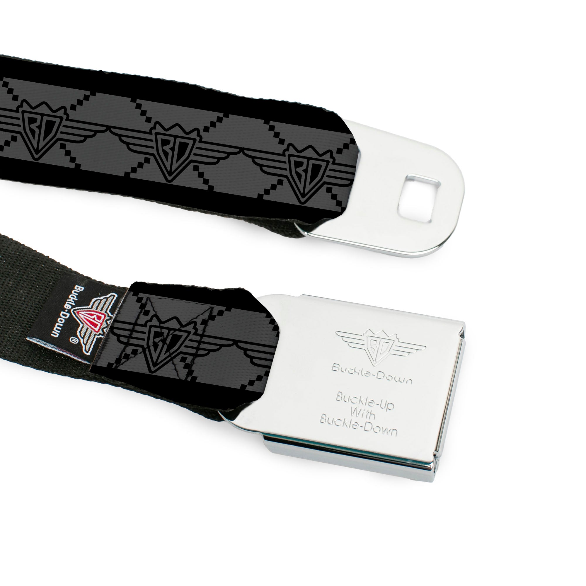 BD Wings Logo CLOSE-UP Full Color Black Silver Seatbelt Belt - BD Monogram2 Gray/Black Webbing