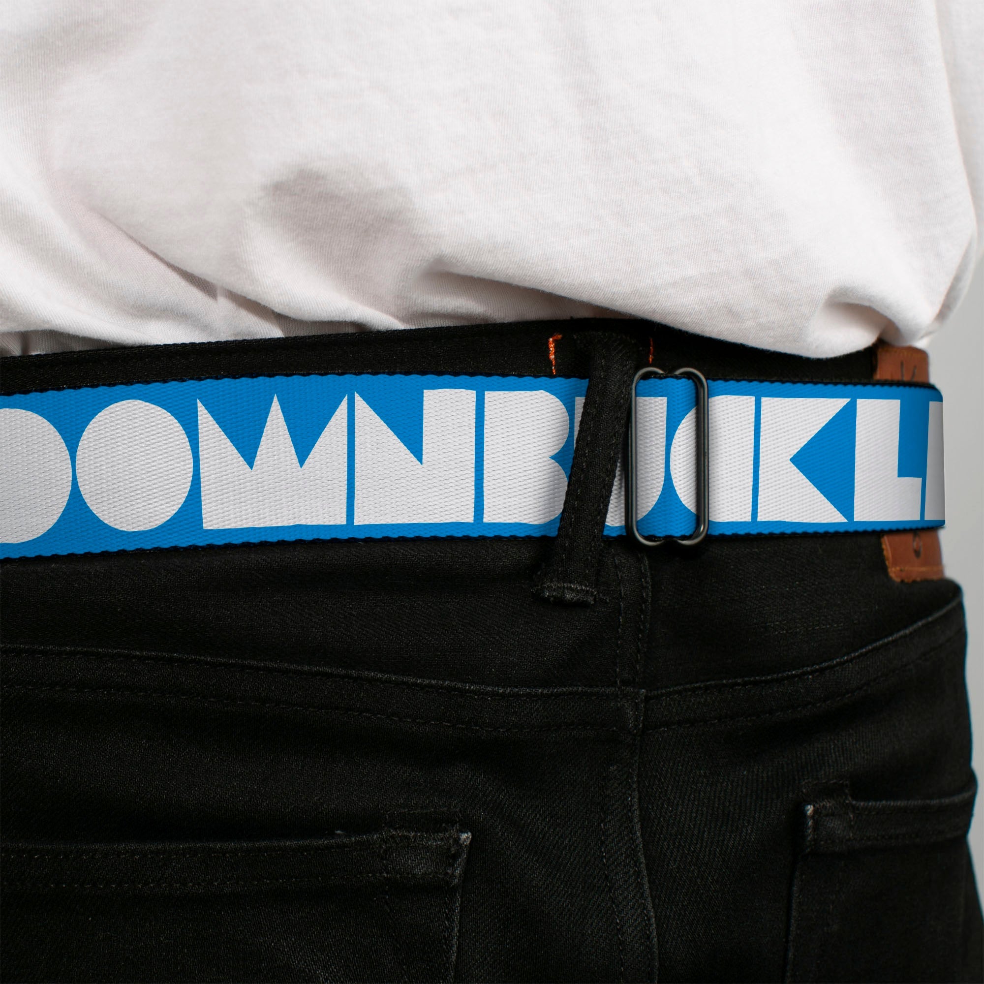 BD Wings Logo CLOSE-UP Full Color Black Silver Seatbelt Belt - BUCKLE-DOWN Shapes Turquoise/White Webbing