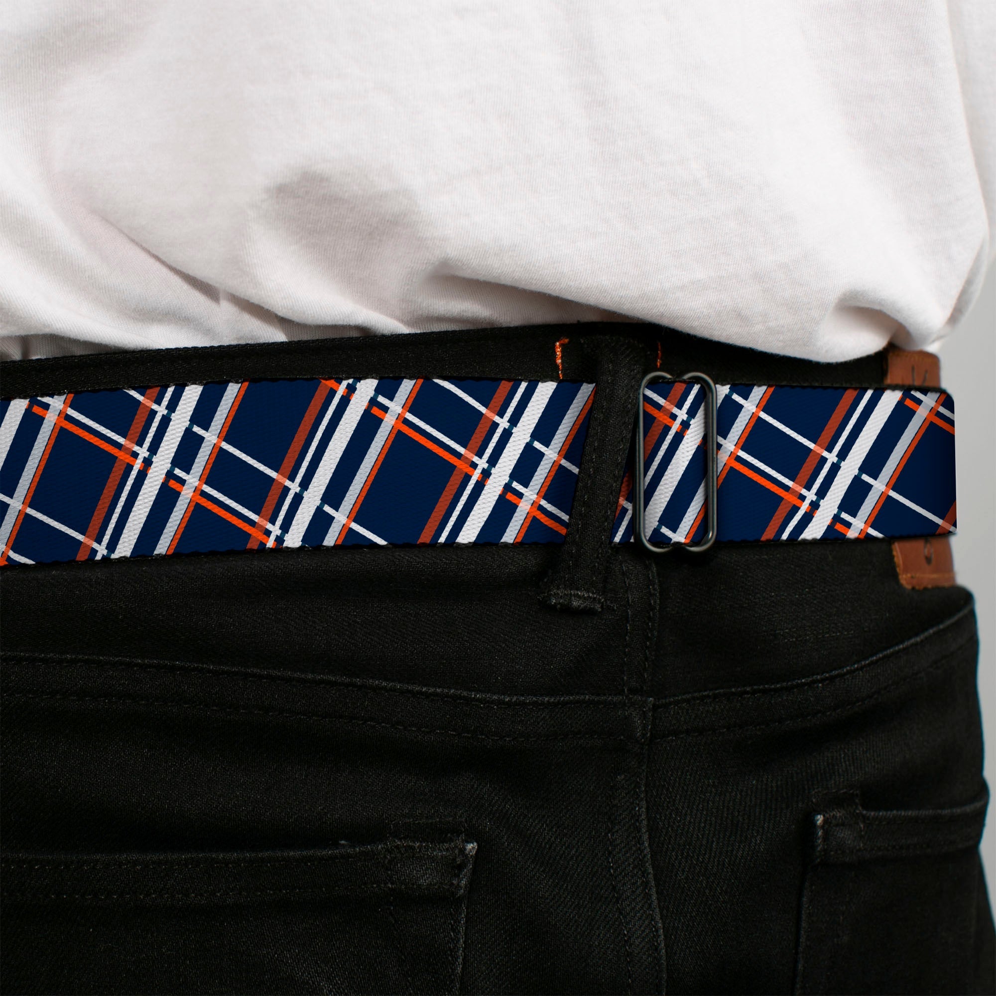 BD Wings Logo CLOSE-UP Full Color Black Silver Seatbelt Belt - Plaid X2 Navy/White/Orange Webbing