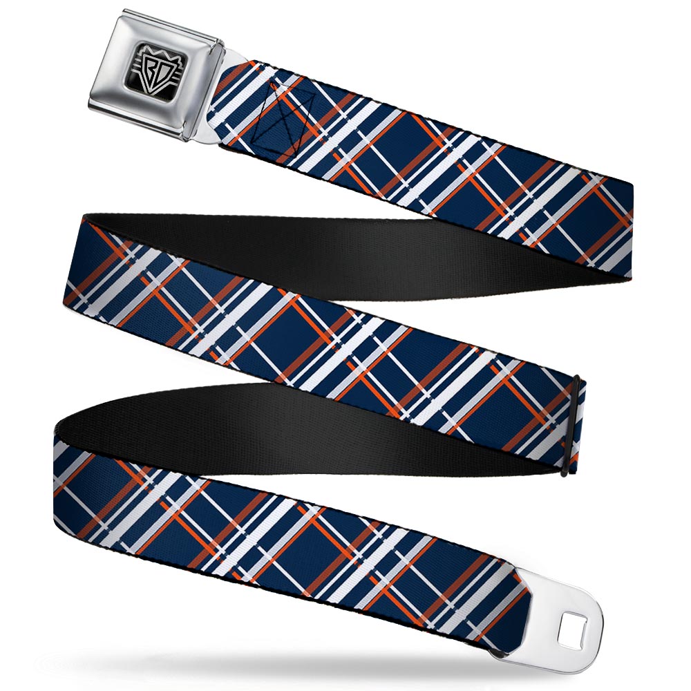 BD Wings Logo CLOSE-UP Full Color Black Silver Seatbelt Belt - Plaid X2 Navy/White/Orange Webbing