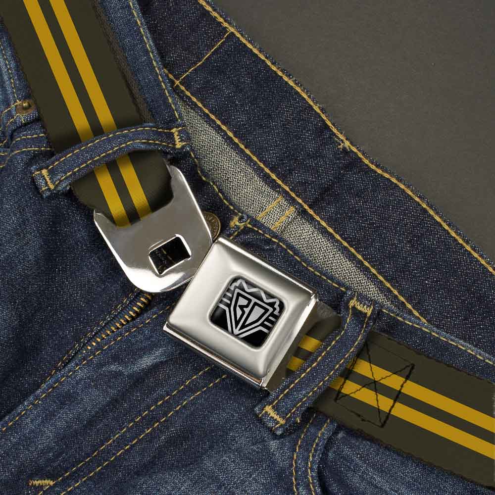 BD Wings Logo CLOSE-UP Full Color Black Silver Seatbelt Belt - Stripe Black/Gold Webbing