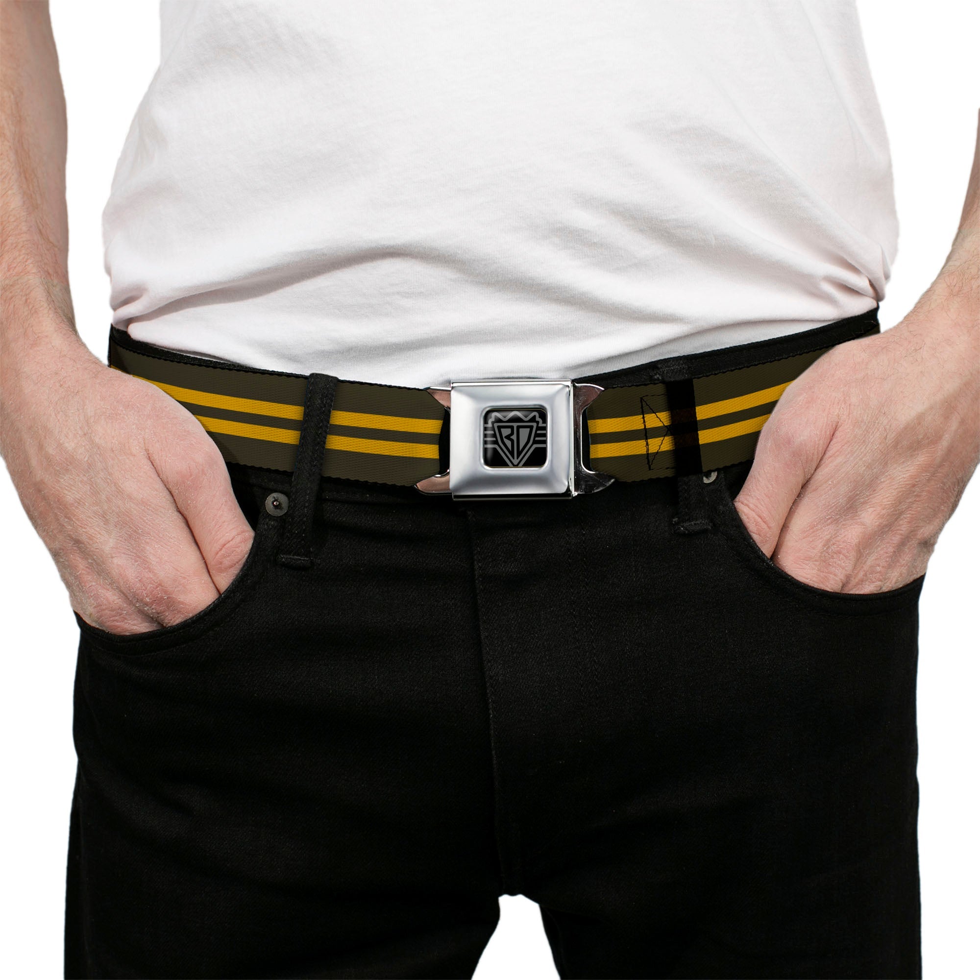 BD Wings Logo CLOSE-UP Full Color Black Silver Seatbelt Belt - Stripe Black/Gold Webbing