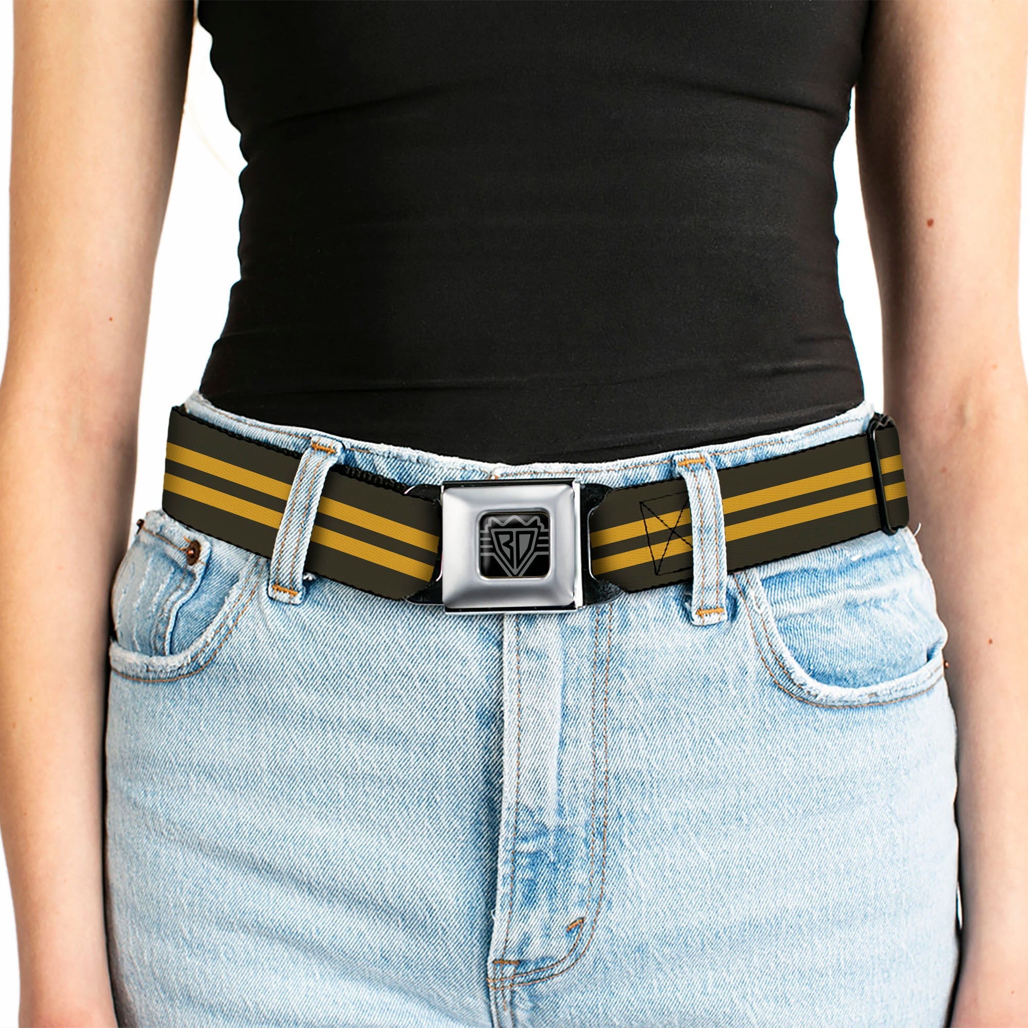 BD Wings Logo CLOSE-UP Full Color Black Silver Seatbelt Belt - Stripe Black/Gold Webbing