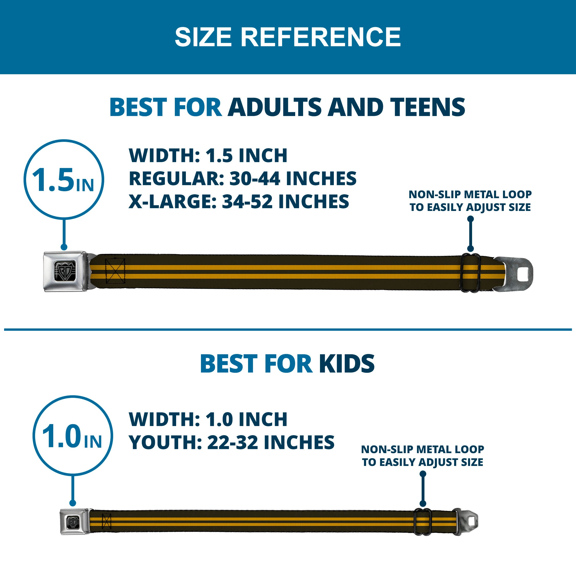 BD Wings Logo CLOSE-UP Full Color Black Silver Seatbelt Belt - Stripe Black/Gold Webbing