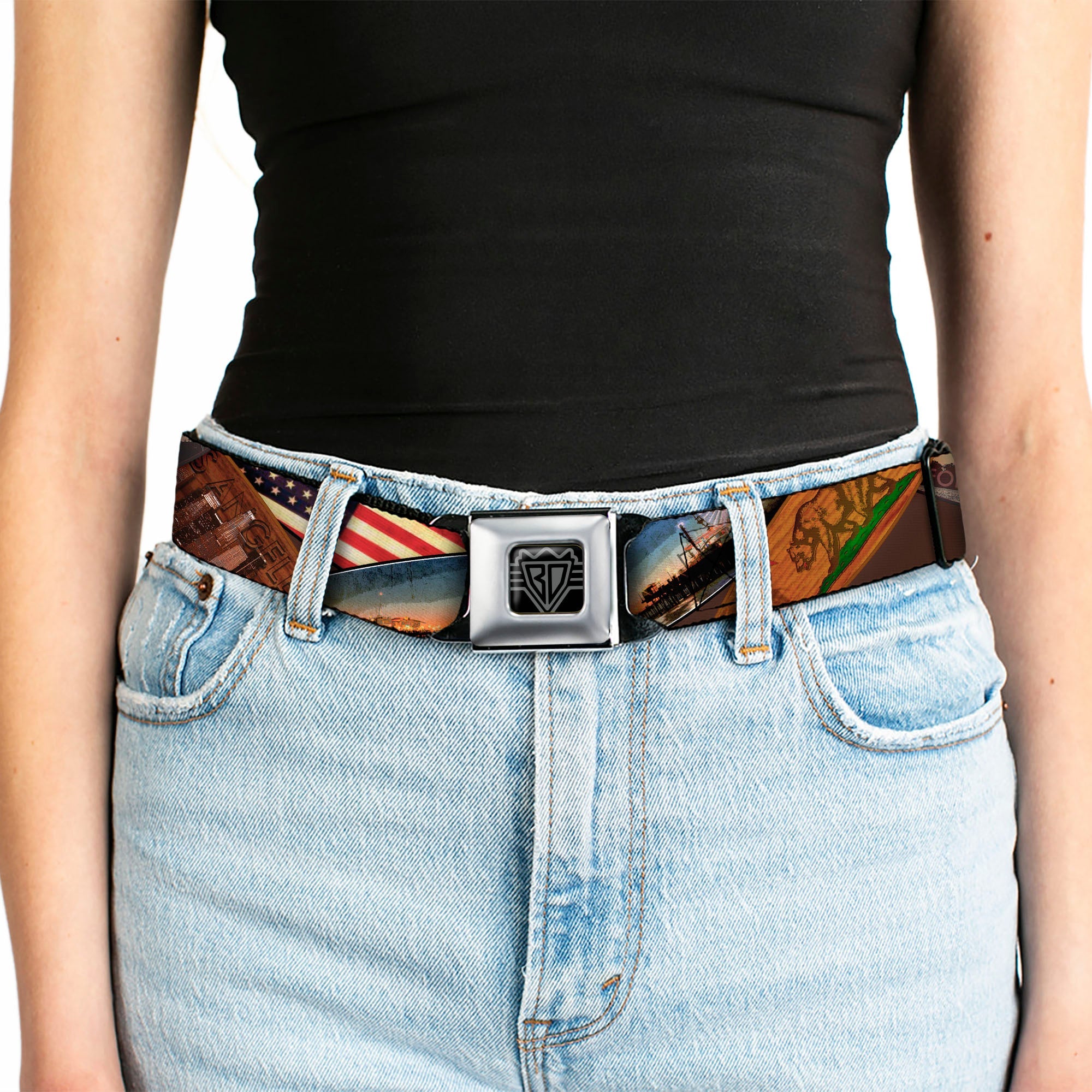 BD Wings Logo CLOSE-UP Full Color Black Silver Seatbelt Belt - Surfboard Cali Scenes/US Flag Stacked Brown Webbing