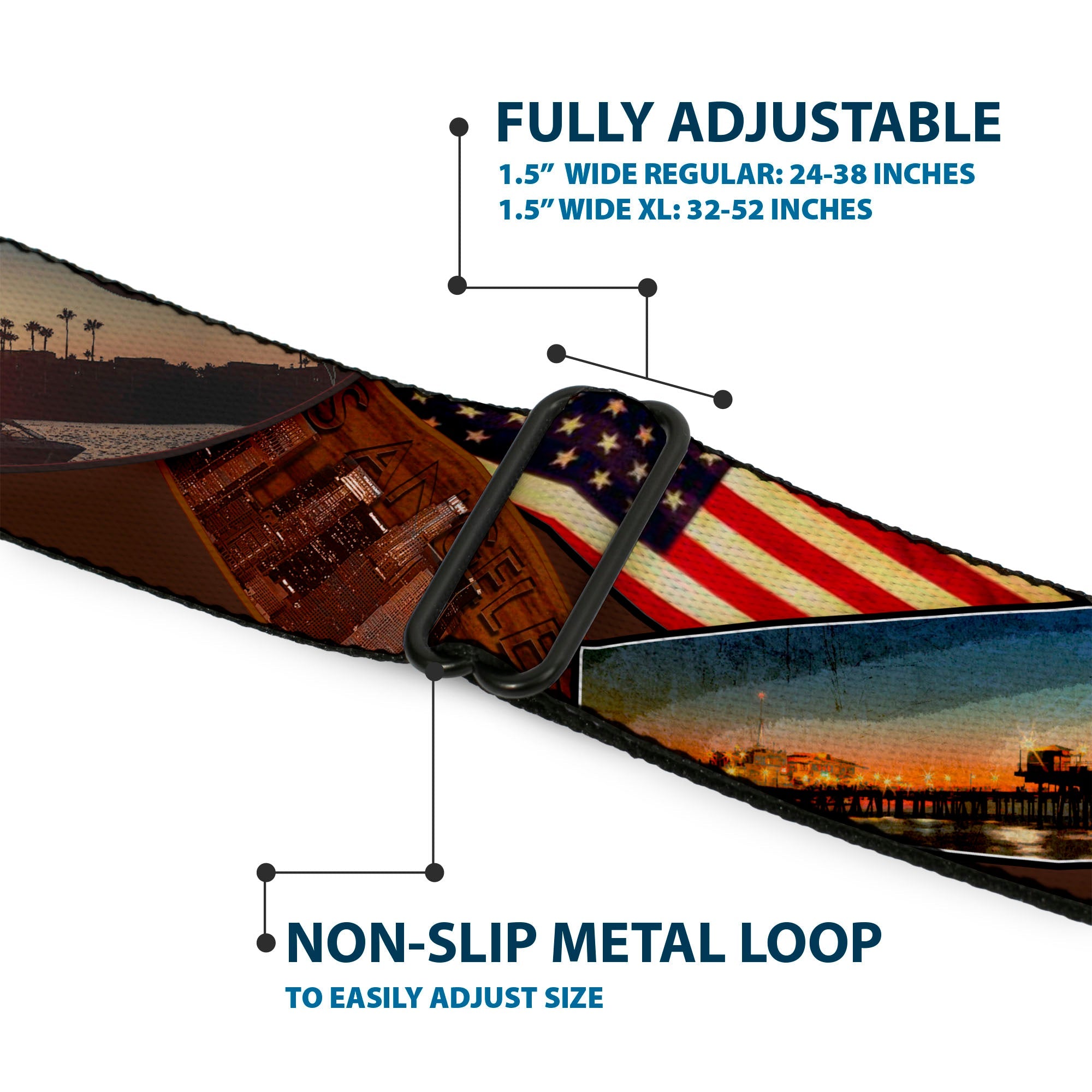 BD Wings Logo CLOSE-UP Full Color Black Silver Seatbelt Belt - Surfboard Cali Scenes/US Flag Stacked Brown Webbing