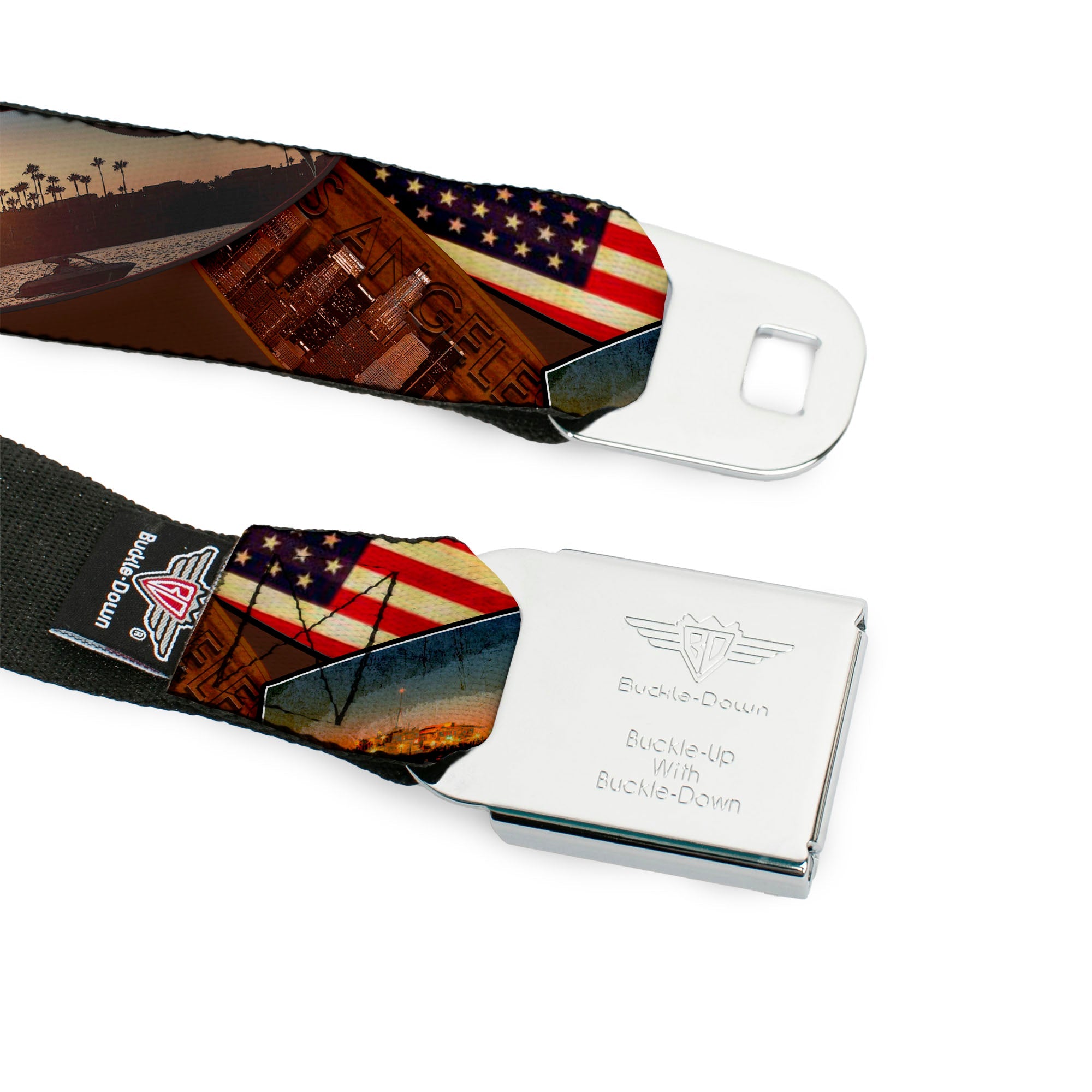 BD Wings Logo CLOSE-UP Full Color Black Silver Seatbelt Belt - Surfboard Cali Scenes/US Flag Stacked Brown Webbing