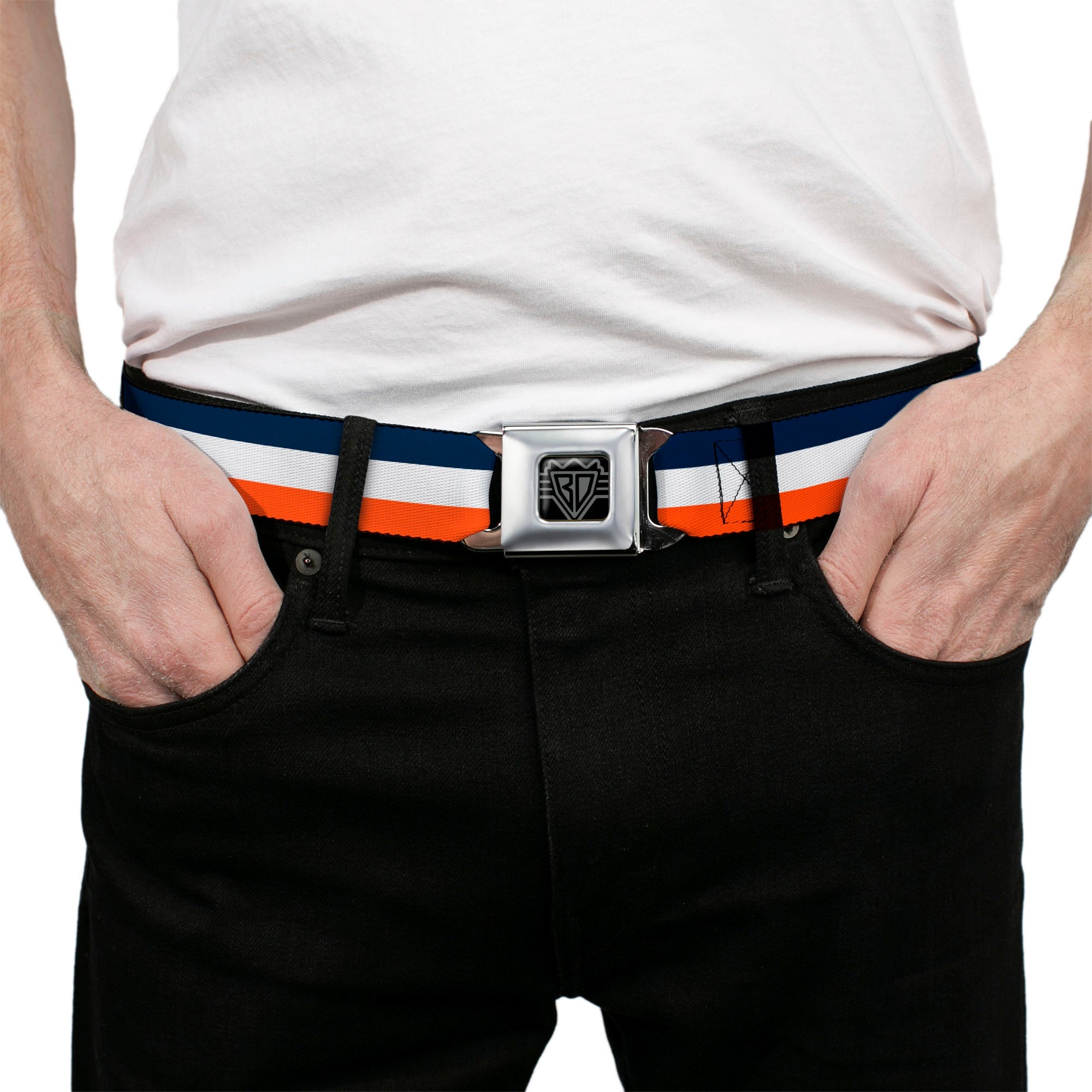 BD Wings Logo CLOSE-UP Full Color Black Silver Seatbelt Belt - Stripe Navy/White/Orange Webbing