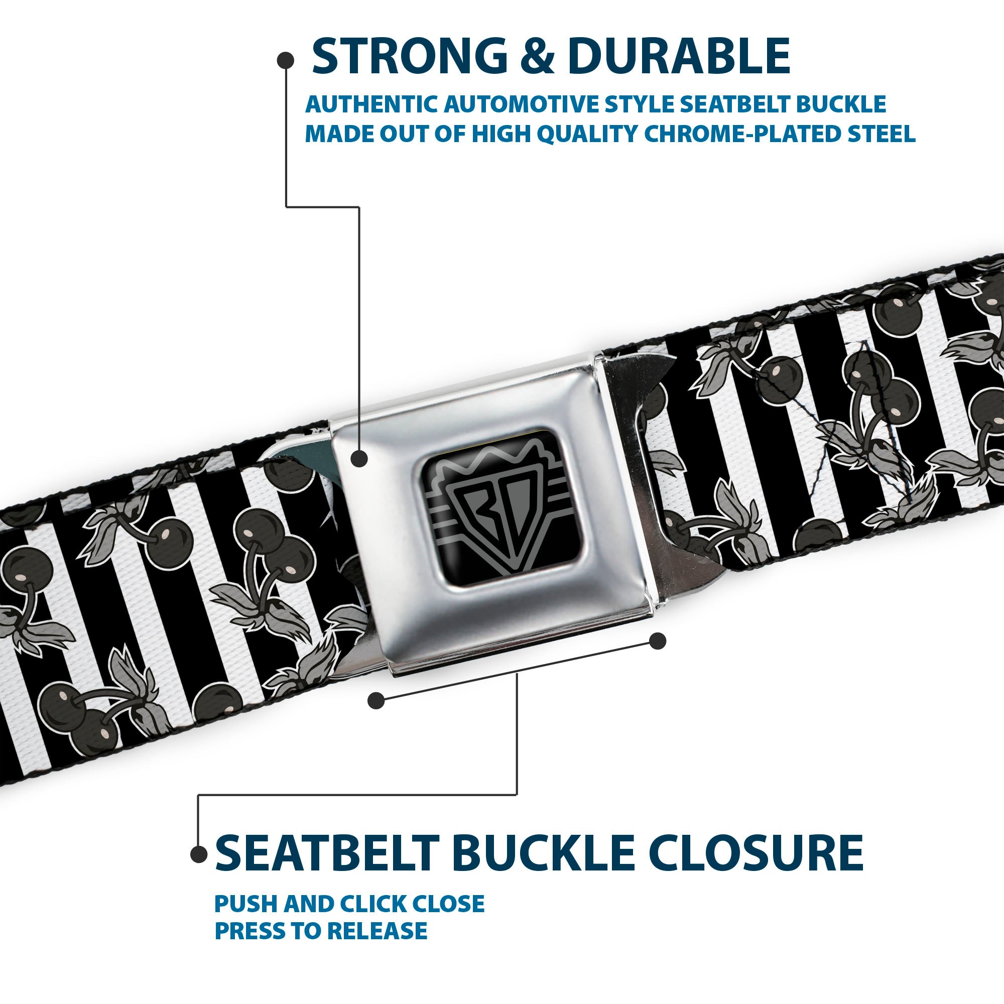 BD Wings Logo CLOSE-UP Full Color Black Silver Seatbelt Belt - Cherries Scattered/Vertical Stripe White/Black/Grays Webbing