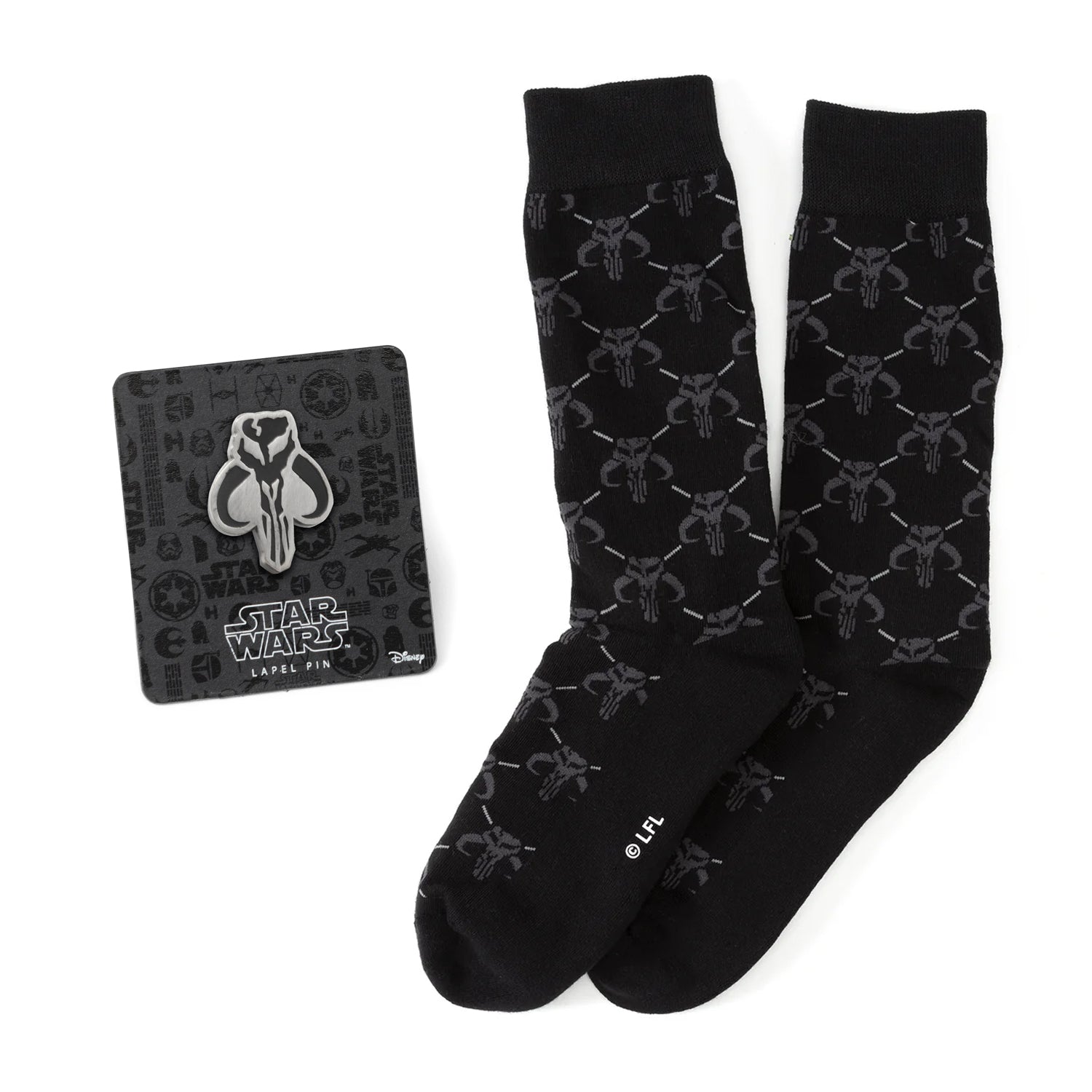 Star Wars Mandalorian Charcoal Gray Dress Socks and Mythosaur Lapel Pin Gift Set