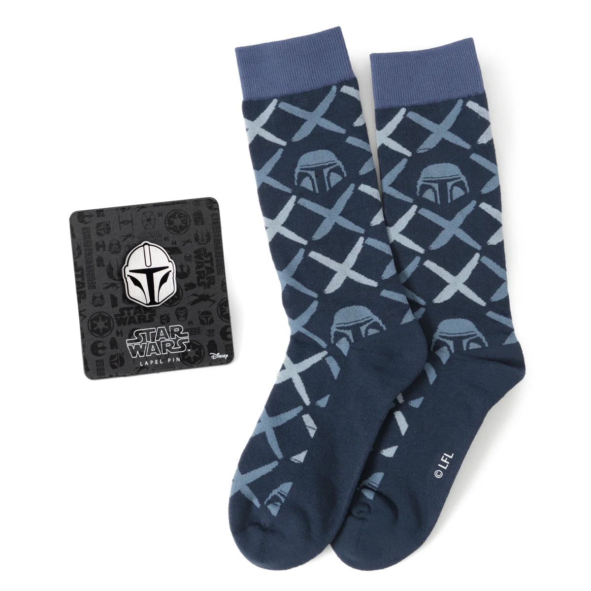 Star Wars Mandalorian Navy Checkered Dress Socks and Lapel Pin Gift Set
