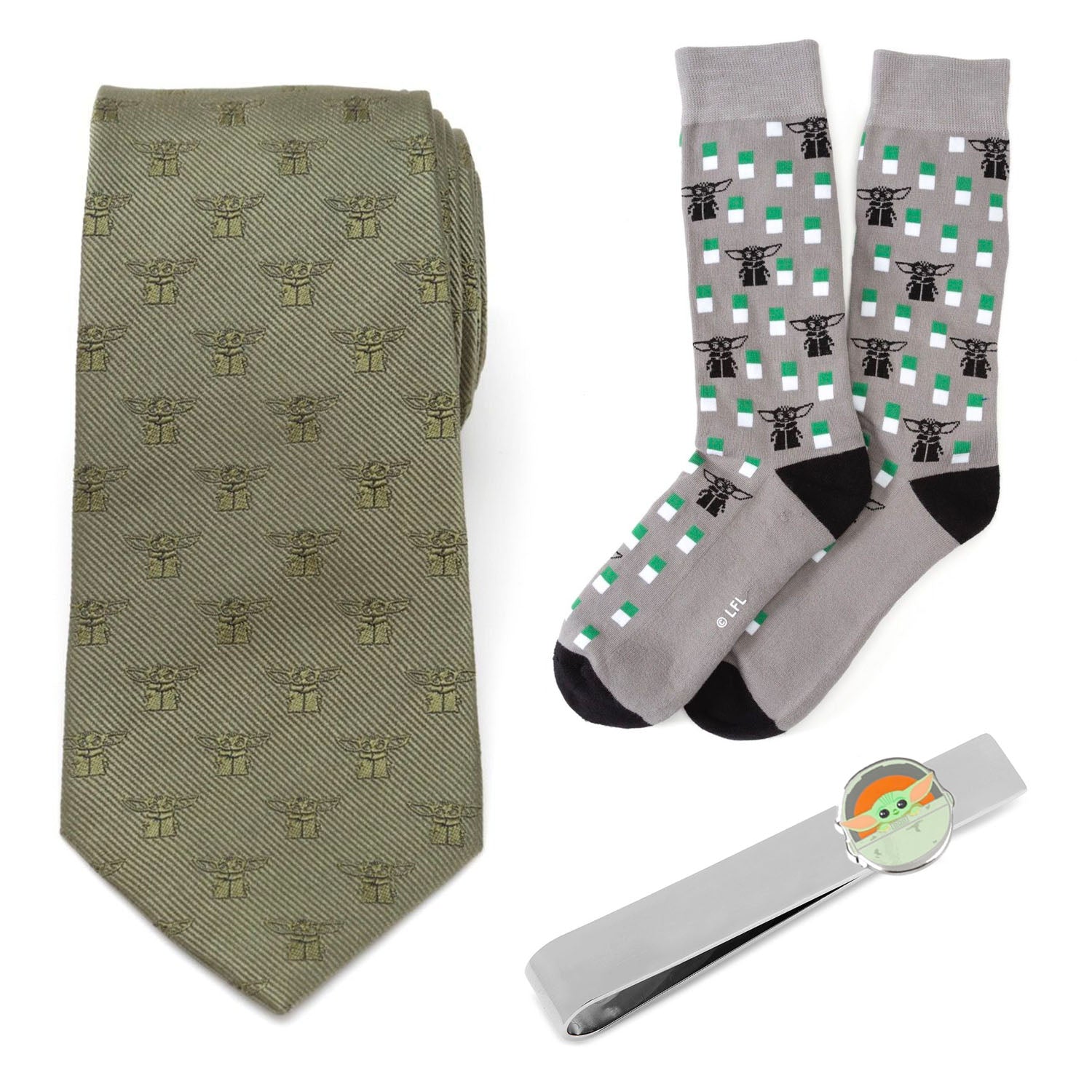 Star Wars Grogu Green Tie, Gray Dress Socks, and Tie Bar Gift Set