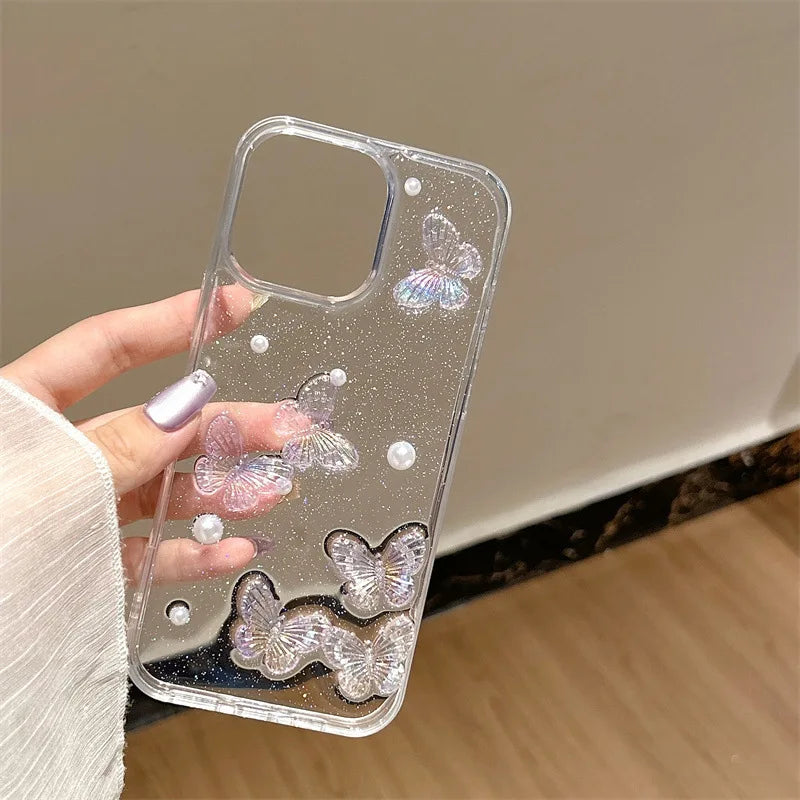 Luxury 3D Butterfly Pearl Drop Glue Glitter Phone Case For iPhone