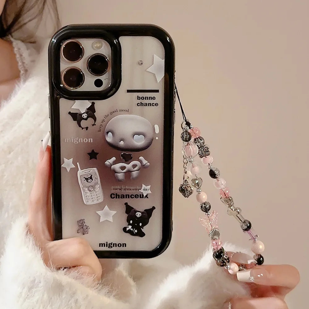 Cute Cartoon Kuromi Quicksand Bracket Phone Case With Lanyard For iPhone