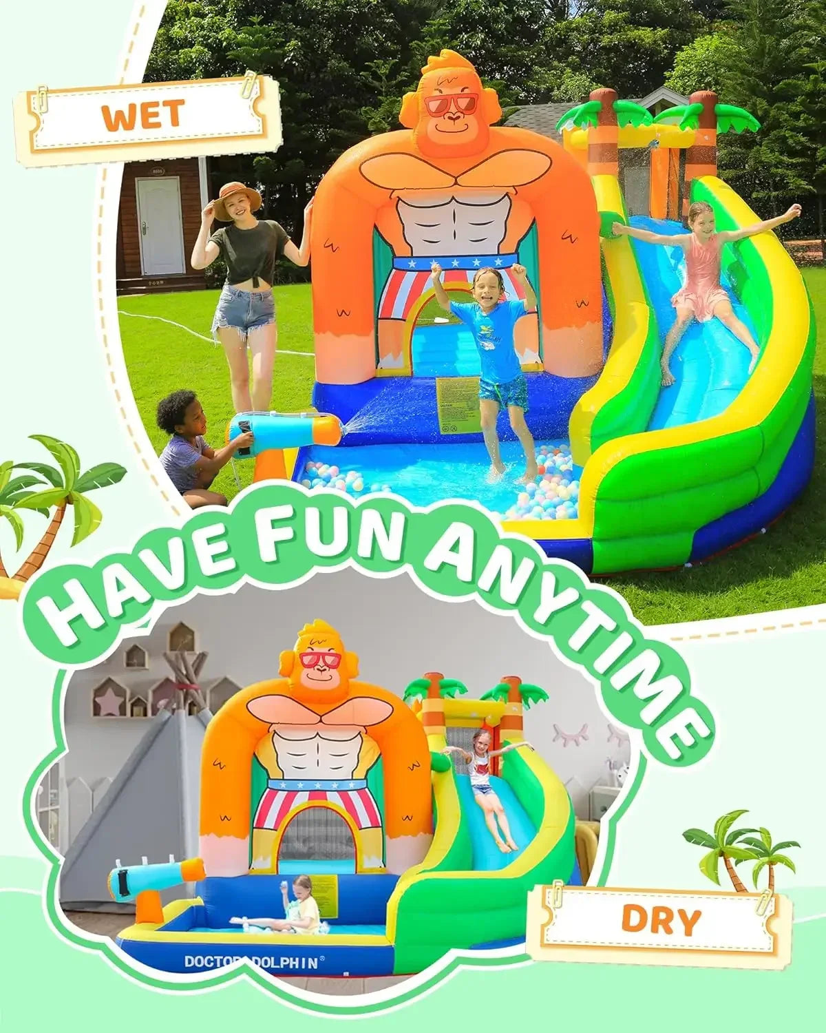 Dolphin Inflatable Water Slide – Kids Water Park with Splash Pool & Long Slide