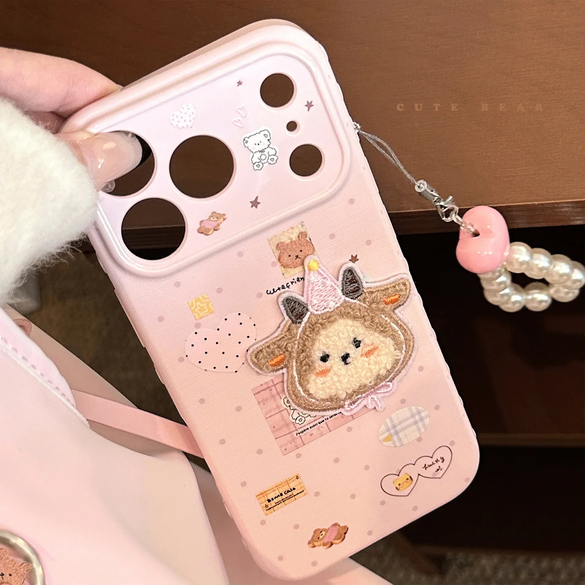 Korean Cartoon Embroidery Plush Sheep Sticker Phone Case With Chain For iPhone