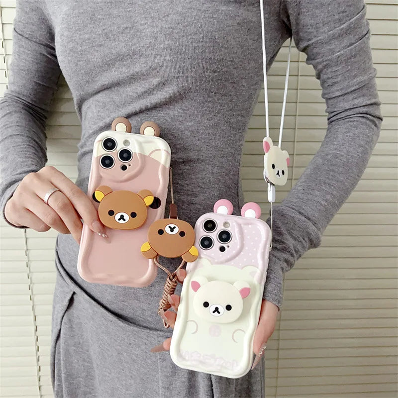 3D Ears Cartoon Bear Holder Rope Couple Phone Case For iPhone