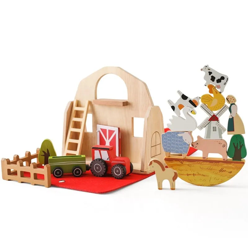 Wooden Train Building Blocks – Farm Animal Stacking Toy for Kids