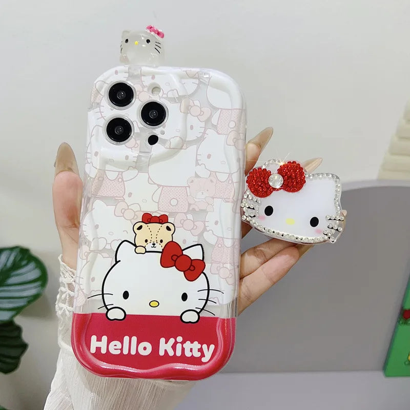 Cute 3D Cartoon Hello Kitty Diamond Bracket Wave Phone Case For iPhone