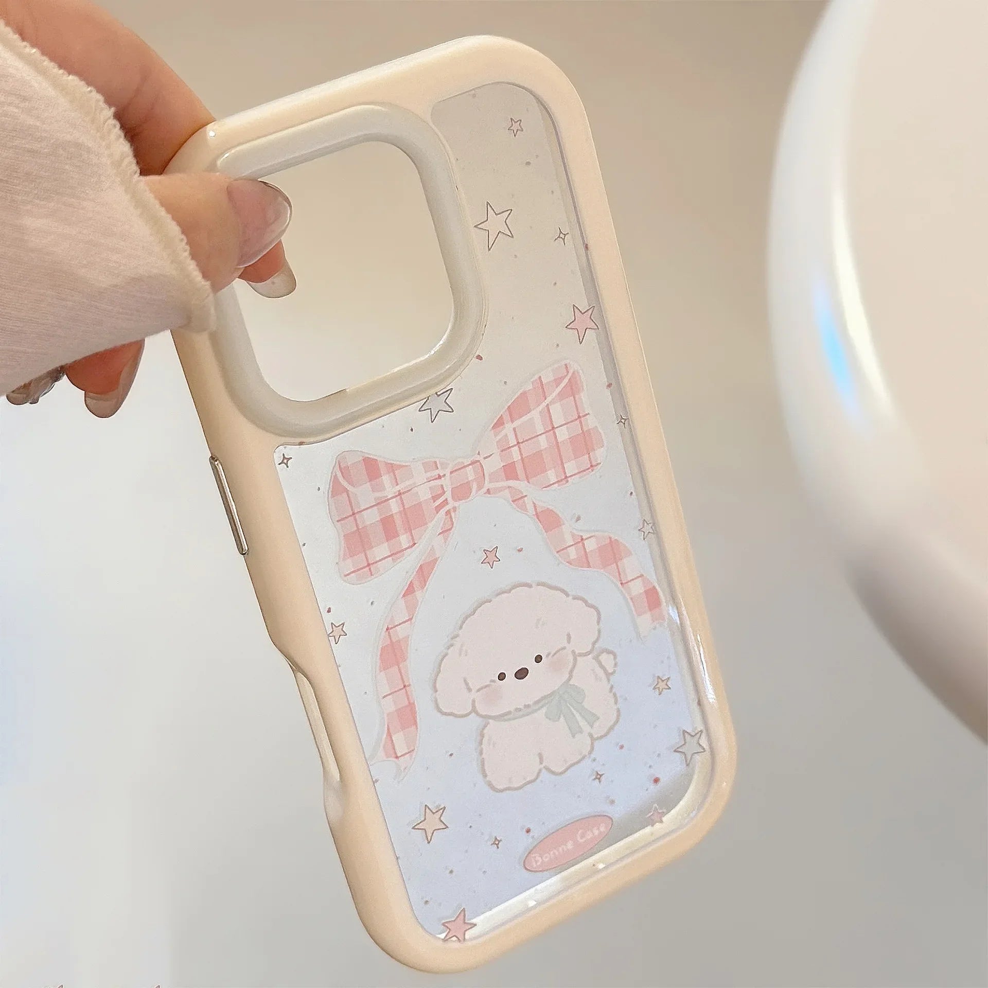 Korean Cartoon Plaid Bowknot Puppy Phone Case For iPhone