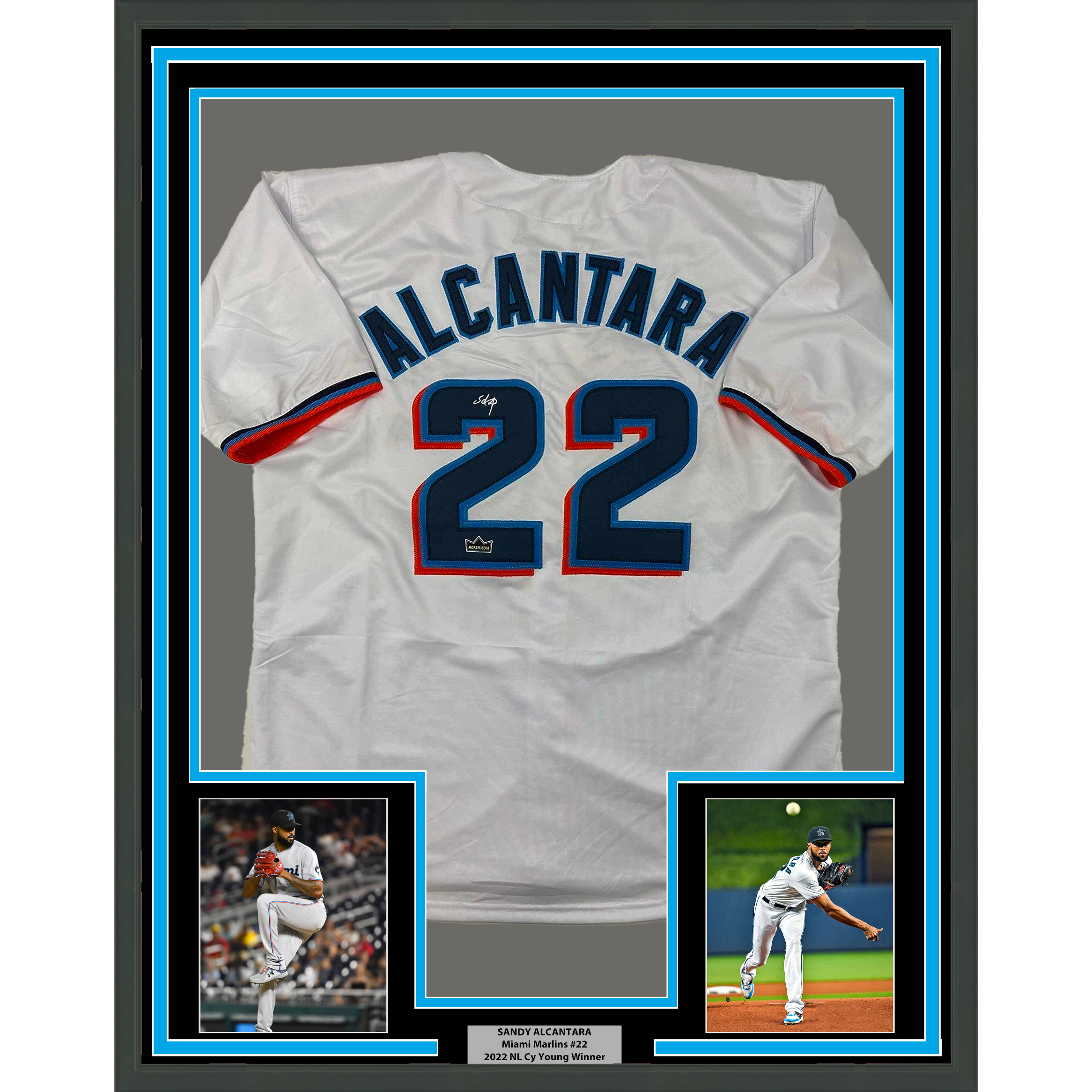 Framed Facsimile Autographed Sandy Alcantara 35x39 Miami White Reprint Laser Auto Baseball Jersey